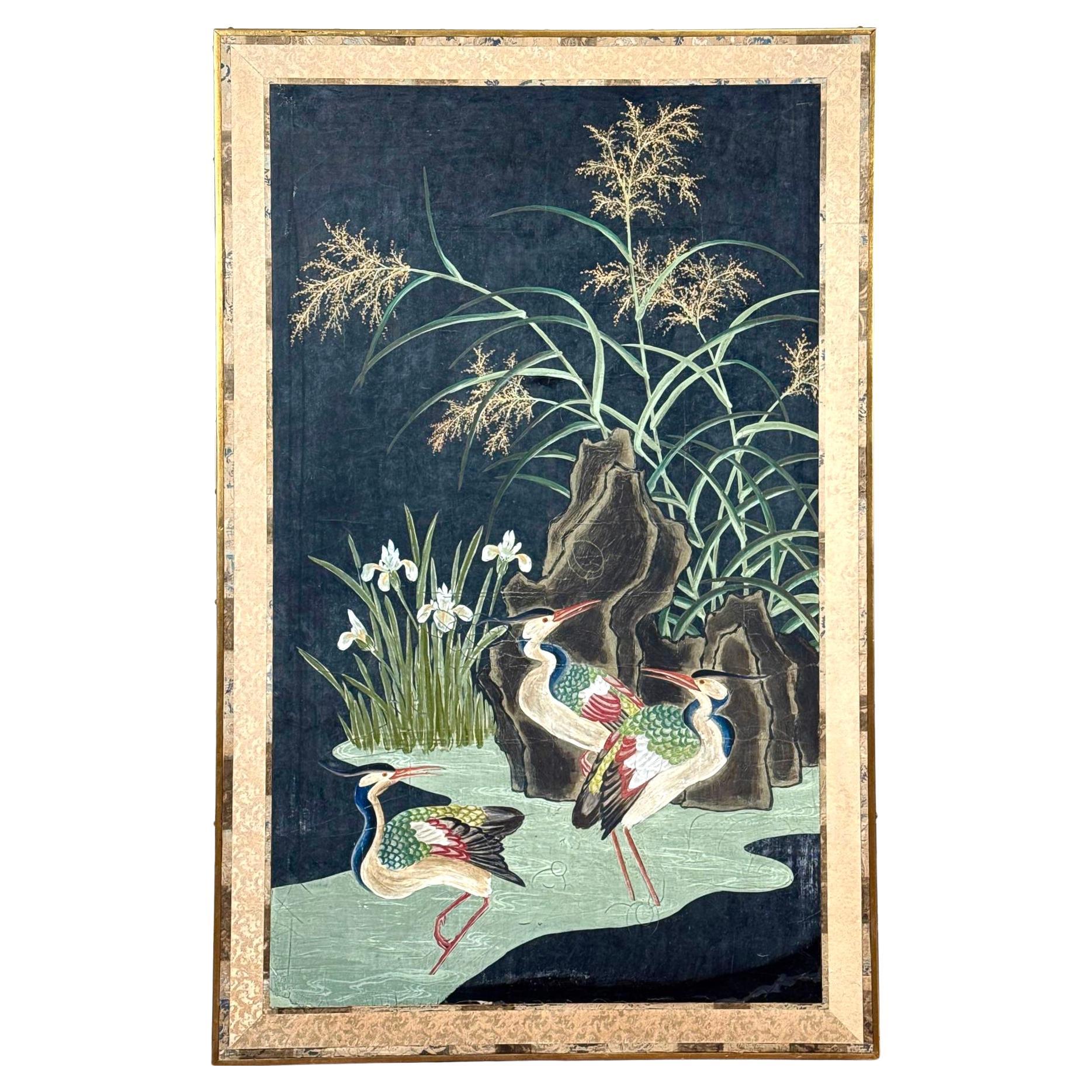 Japonais Grands panneaux de papier peint chinois du 19e siècle peints à la main et représentant la nature en vente