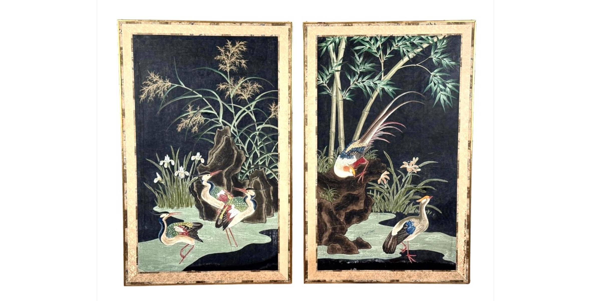 Grands panneaux de papier peint chinois du 19e siècle peints à la main et représentant la nature Bon état - En vente à Bradenton, FL