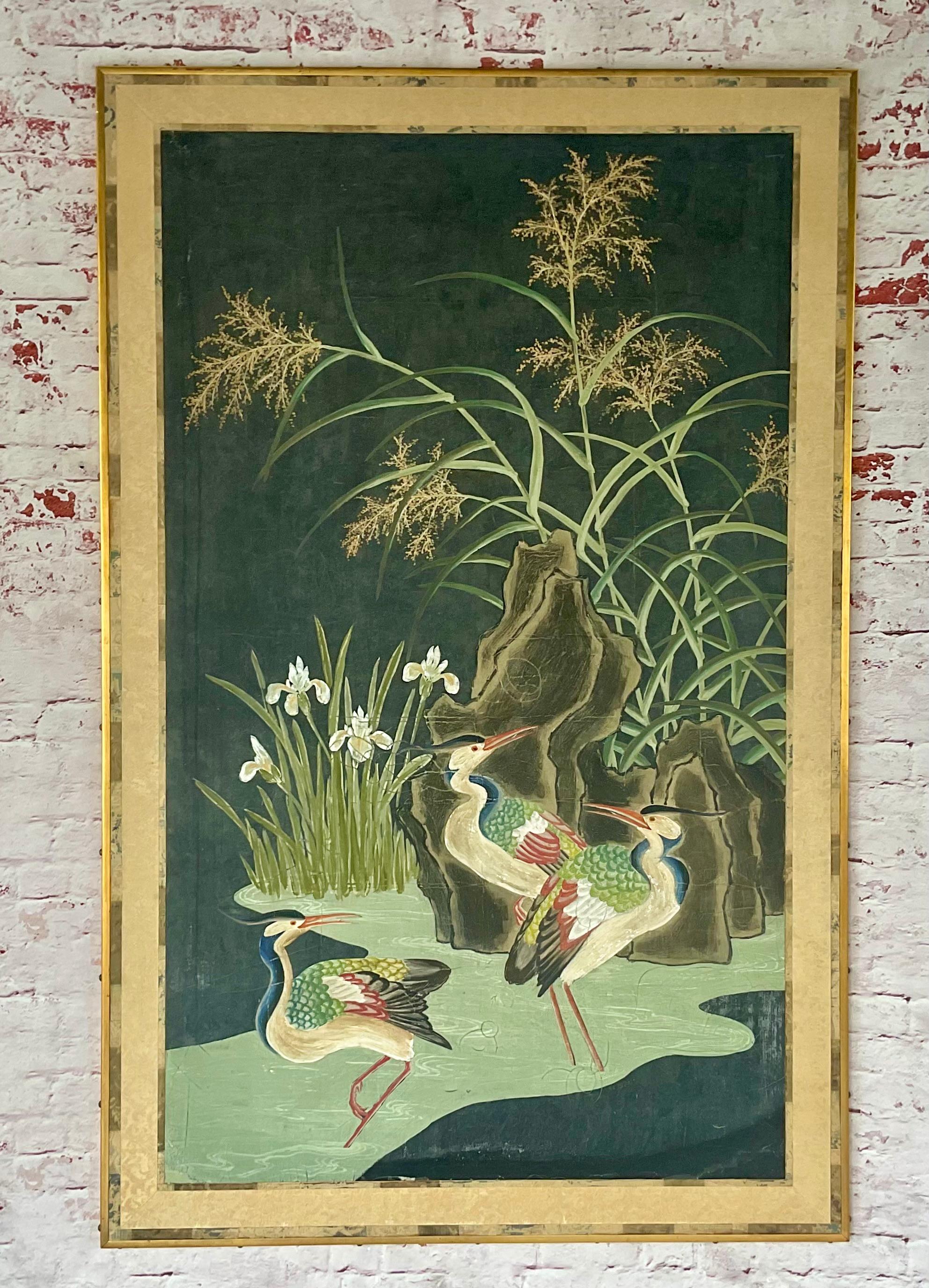 XIXe siècle Grands panneaux de papier peint chinois du 19e siècle peints à la main et représentant la nature en vente