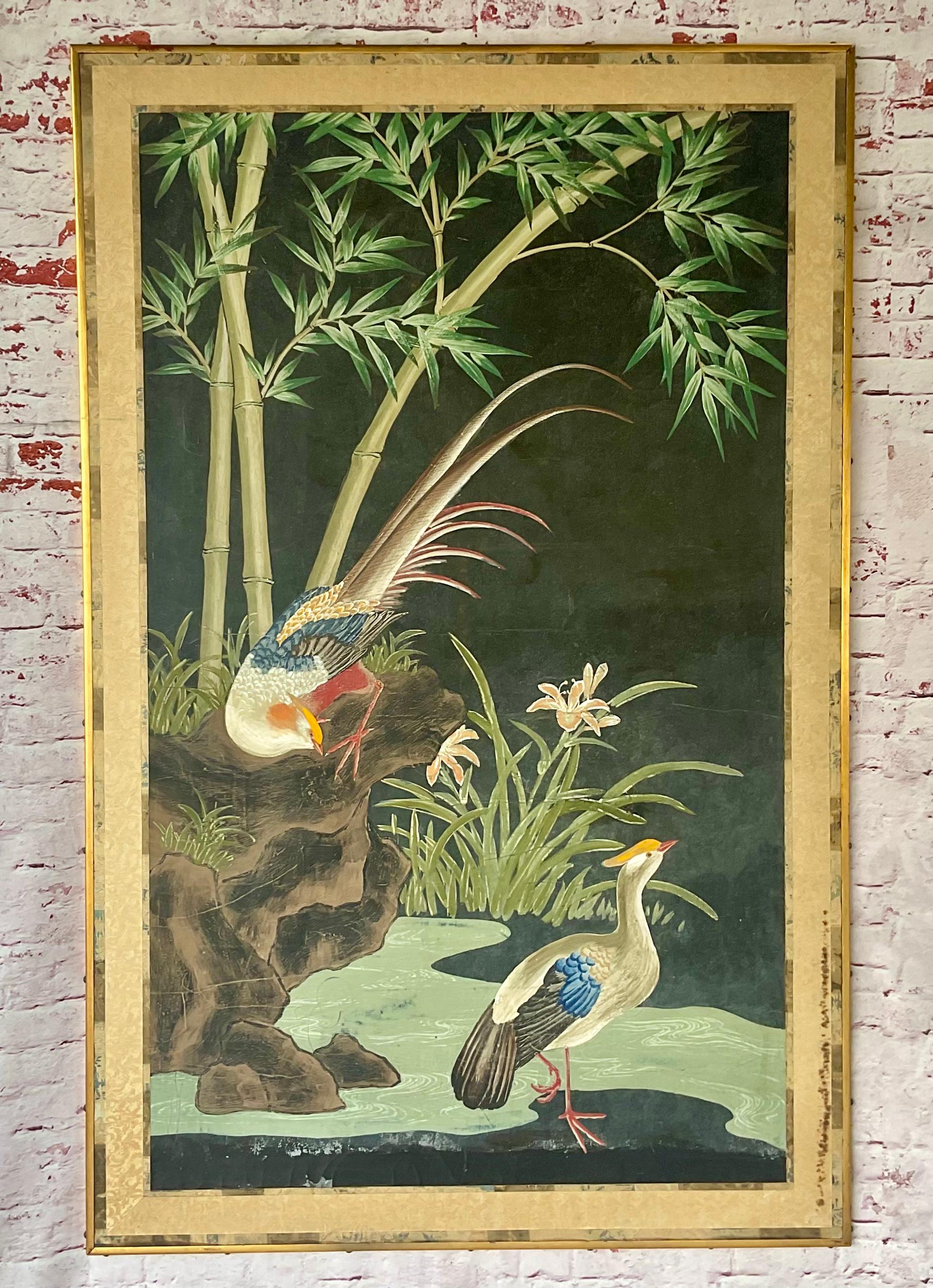 Soie Grands panneaux de papier peint chinois du 19e siècle peints à la main et représentant la nature en vente