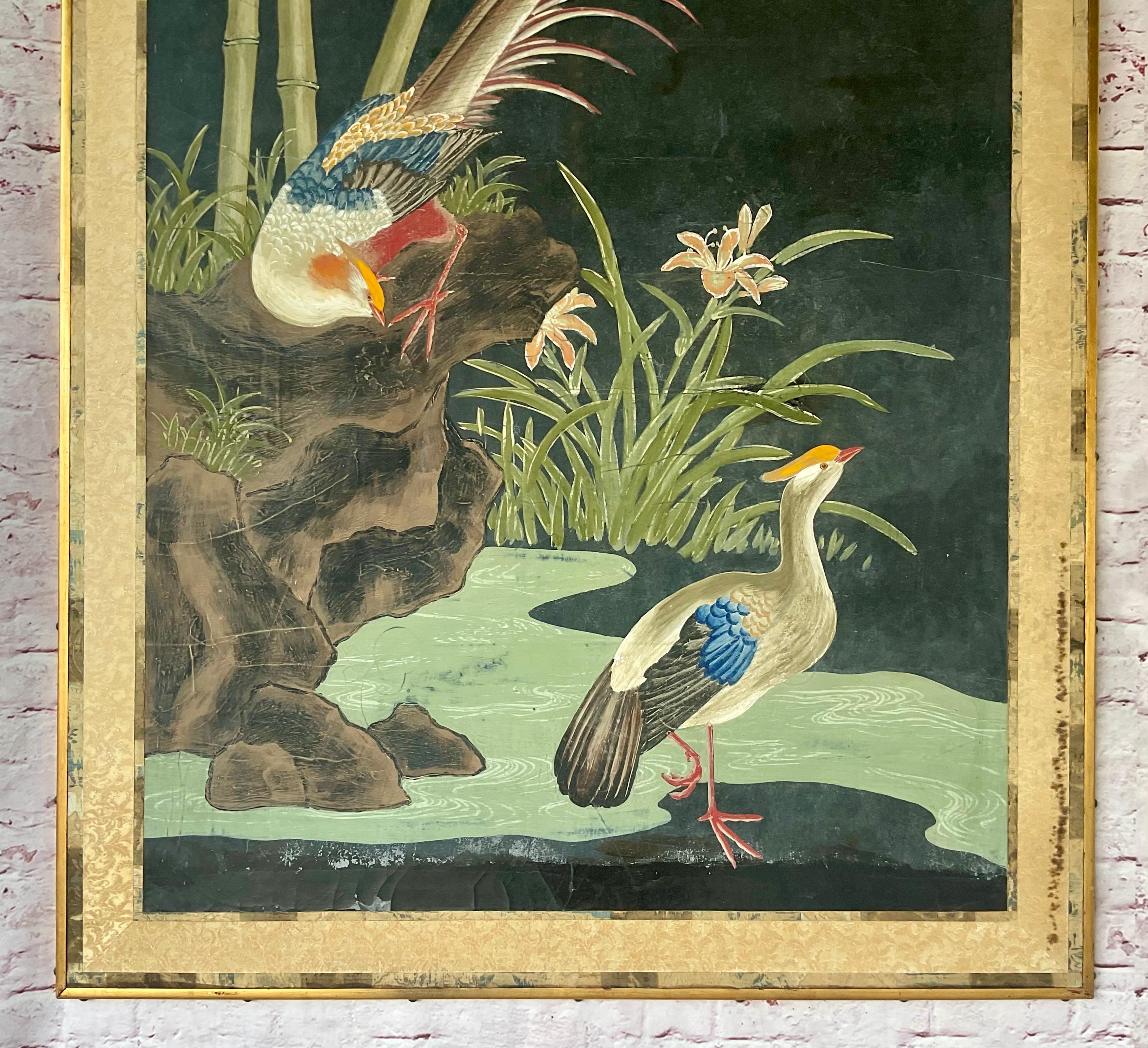 Grands panneaux de papier peint chinois du 19e siècle peints à la main et représentant la nature en vente 1