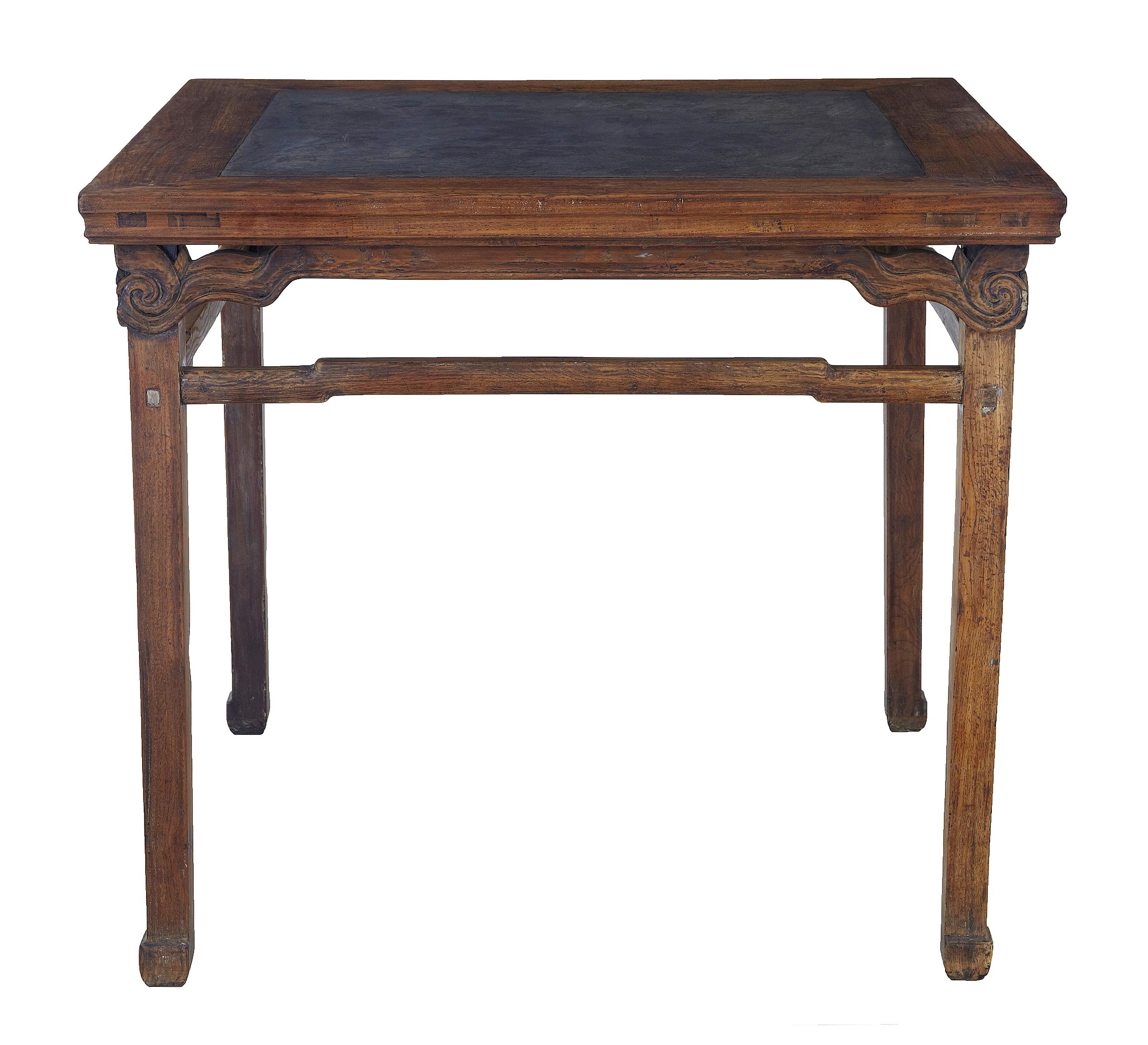 Large 19th century Chinese hard wood marble inset table circa 1880.

Good quality hard wood Chinese table presented in a unpolished dry appearance. Square top with original slate coloured marble top which is inset into the surface.

Carved