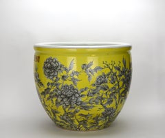 Large Chinese Qing Yellow Glazed Black Floral Porcelain Jardiniere