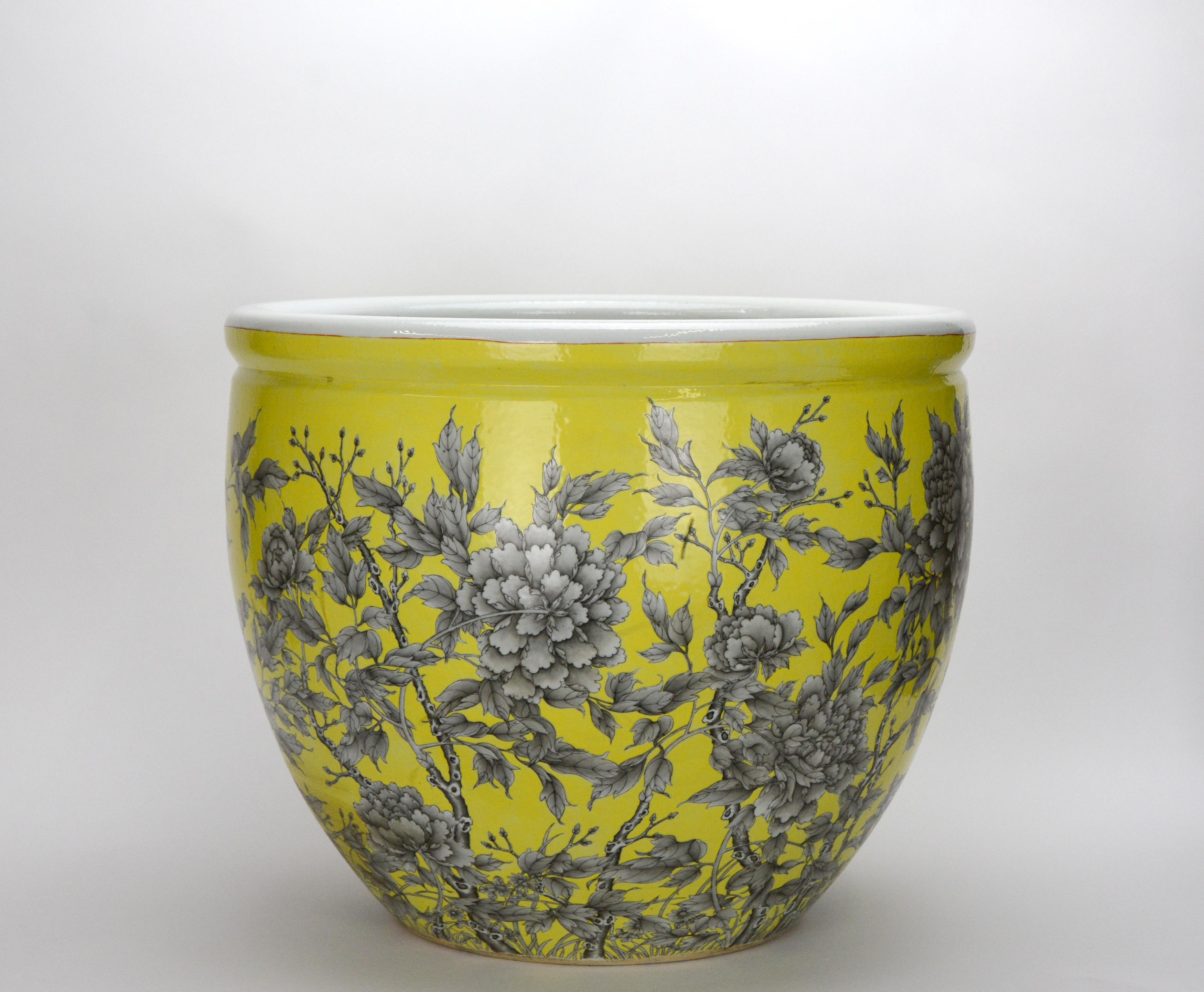 Hand-Crafted Large Chinese Qing Yellow Glazed Black Floral Porcelain Jardiniere For Sale