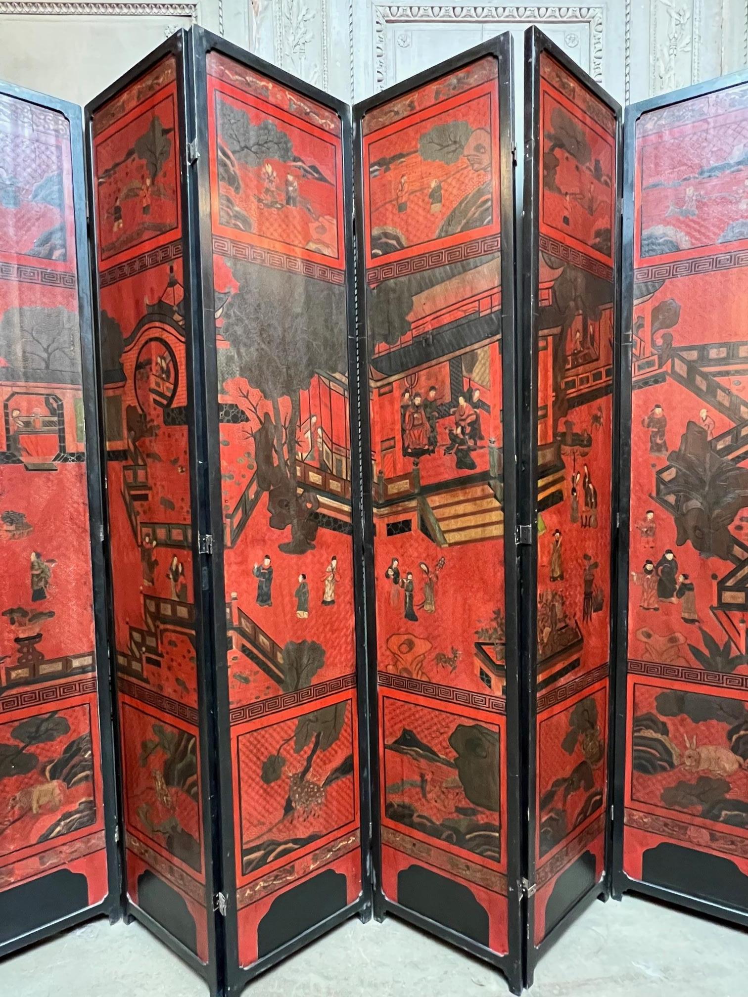 Chinoiserie Large 19th Century Chinese Red Coromandal Twelve Panel Screen