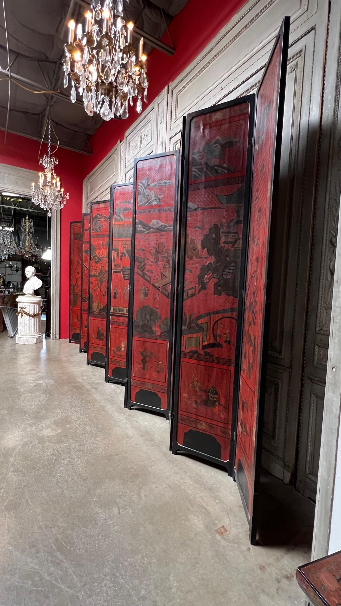 Carved Large 19th Century Chinese Red Coromandal Twelve Panel Screen