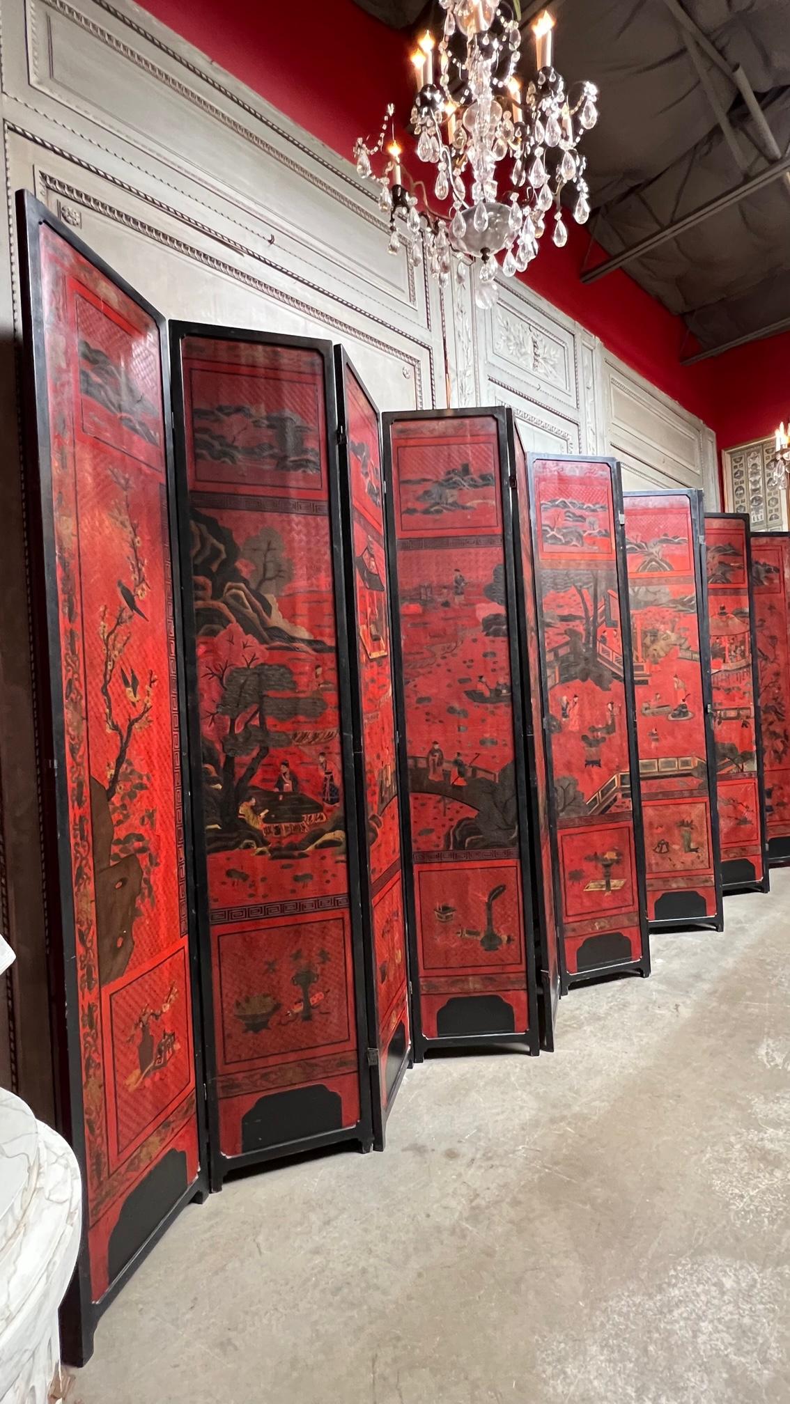 Large 19th Century Chinese Red Coromandal Twelve Panel Screen In Good Condition In Dallas, TX