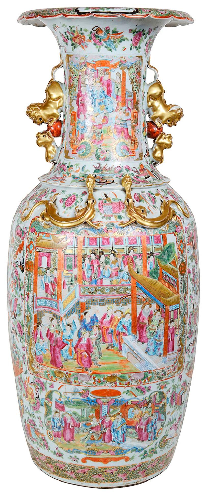 A large very good quality 19th century Chinese Cantonese (Rose medallion) vase, having the classical green ground with classical scrolling foliate and motif decoration, inset painted panels depicting wonderful scenes of courtiers in gardens and