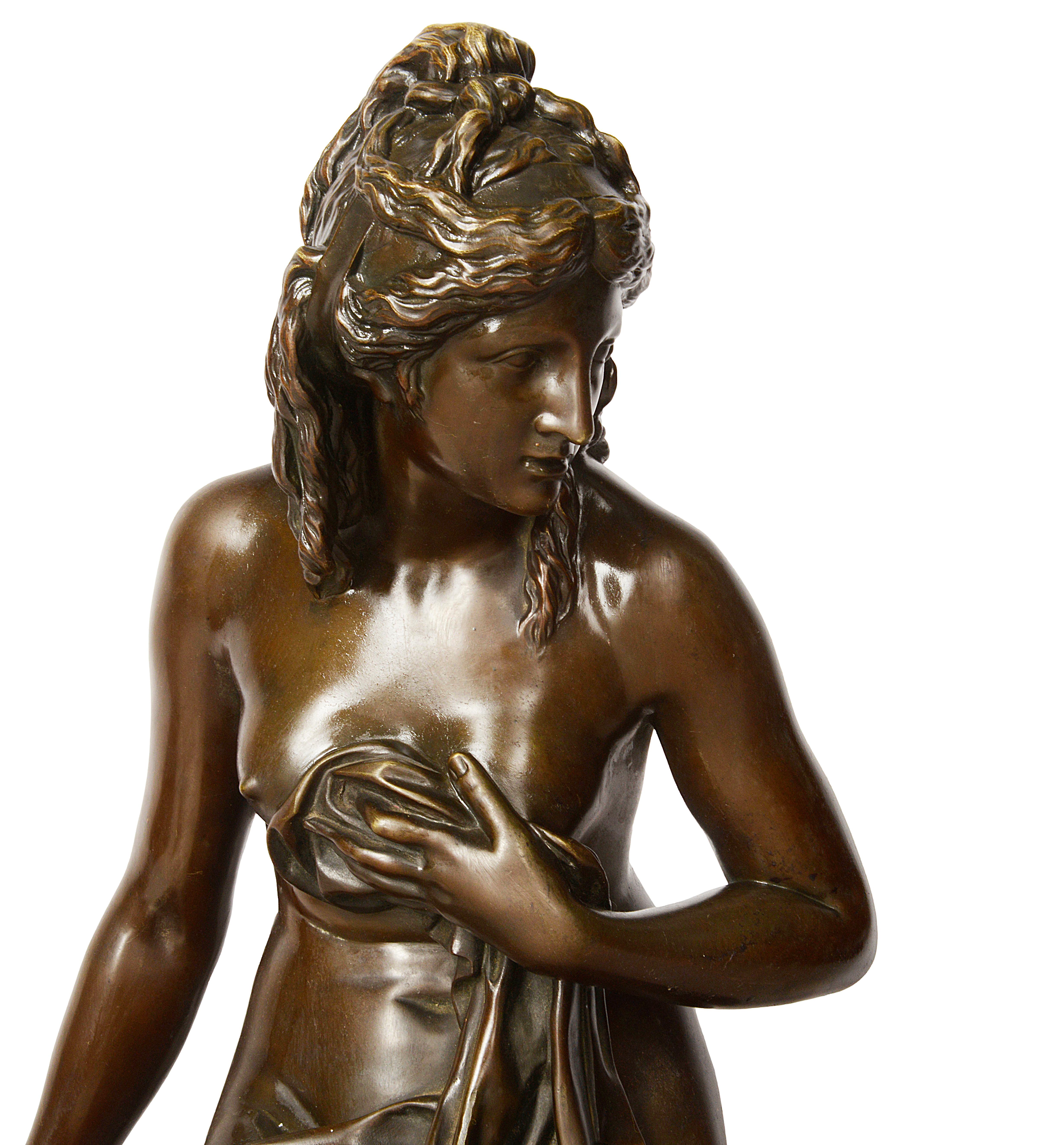 A very good quality large 19th century bronze statue of a semi nude female of Amalthea in Marie Antoinette’s dairy. The original is marble from 1787..

There were different traditions regarding Amaltheia.[3] Amaltheia is sometimes represented as the