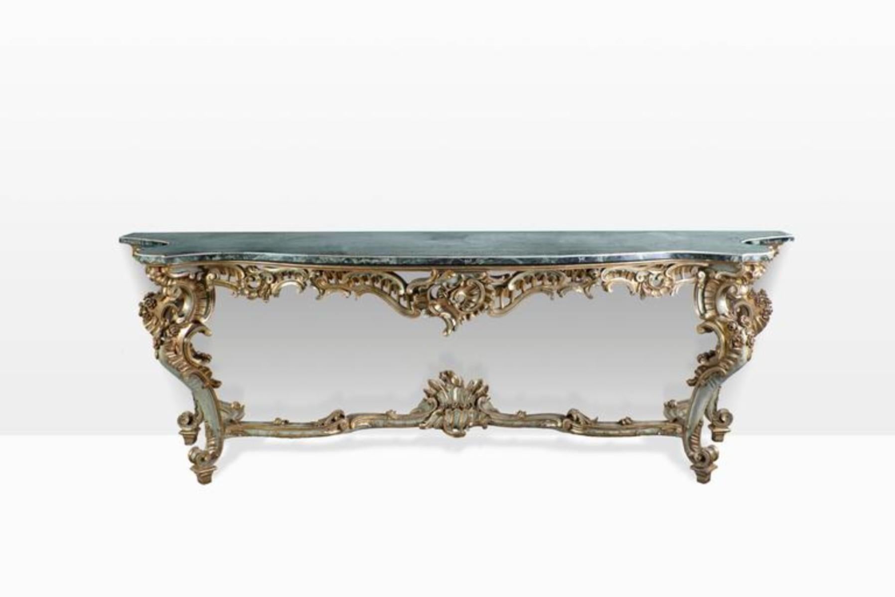 French Large 19th Century Console in Carved Painted Wood and Marble For Sale