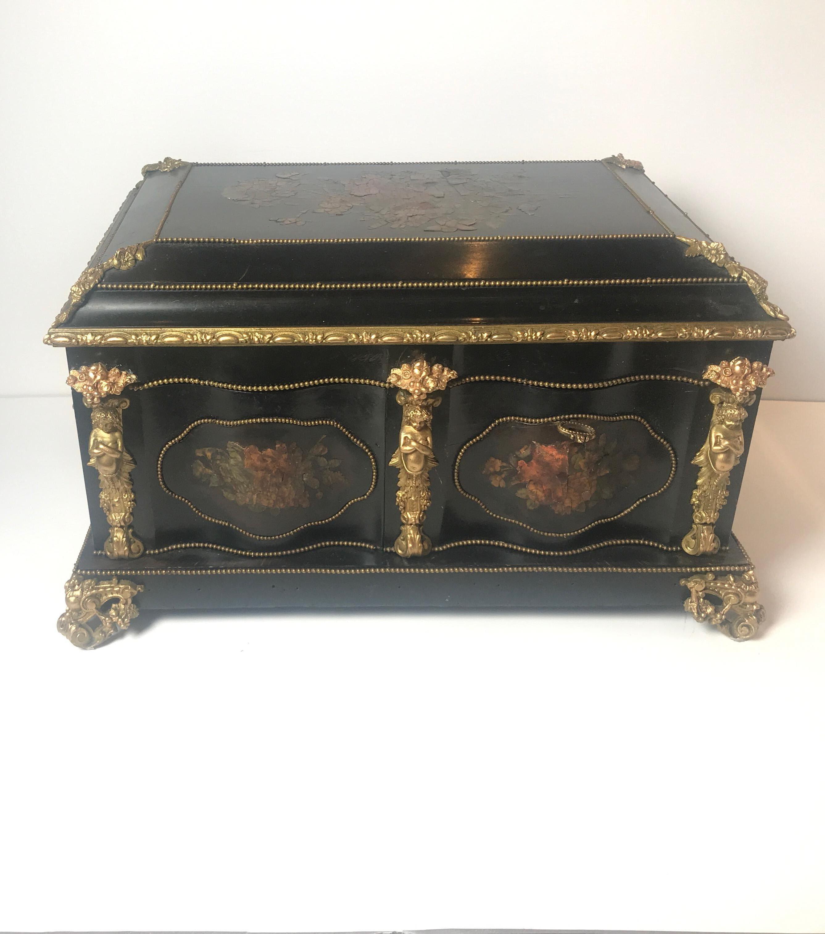 An extensively filled 19th century ormolu-mounted ebonized wood dresser vanity box fitted with silver gold washed lidded glass gars and sewing tools. The hallmarks appear to be French. The interior with mirror and original well cared for red velvet