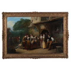 Large 19th Century Continental Oil on Canvas Tavern Scene Painting