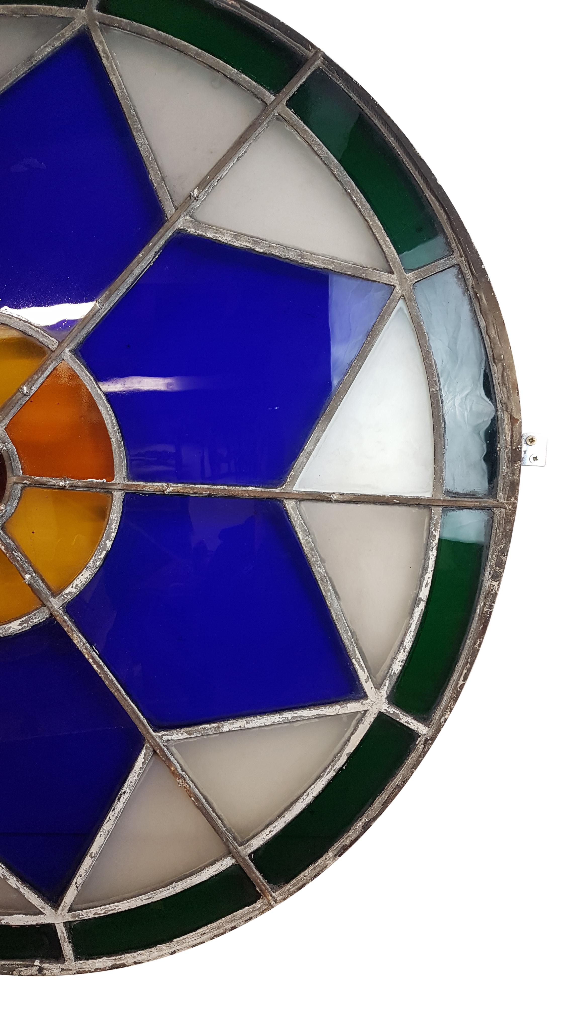 Glazed Large 19th Century Convex Stained Glass Window For Sale