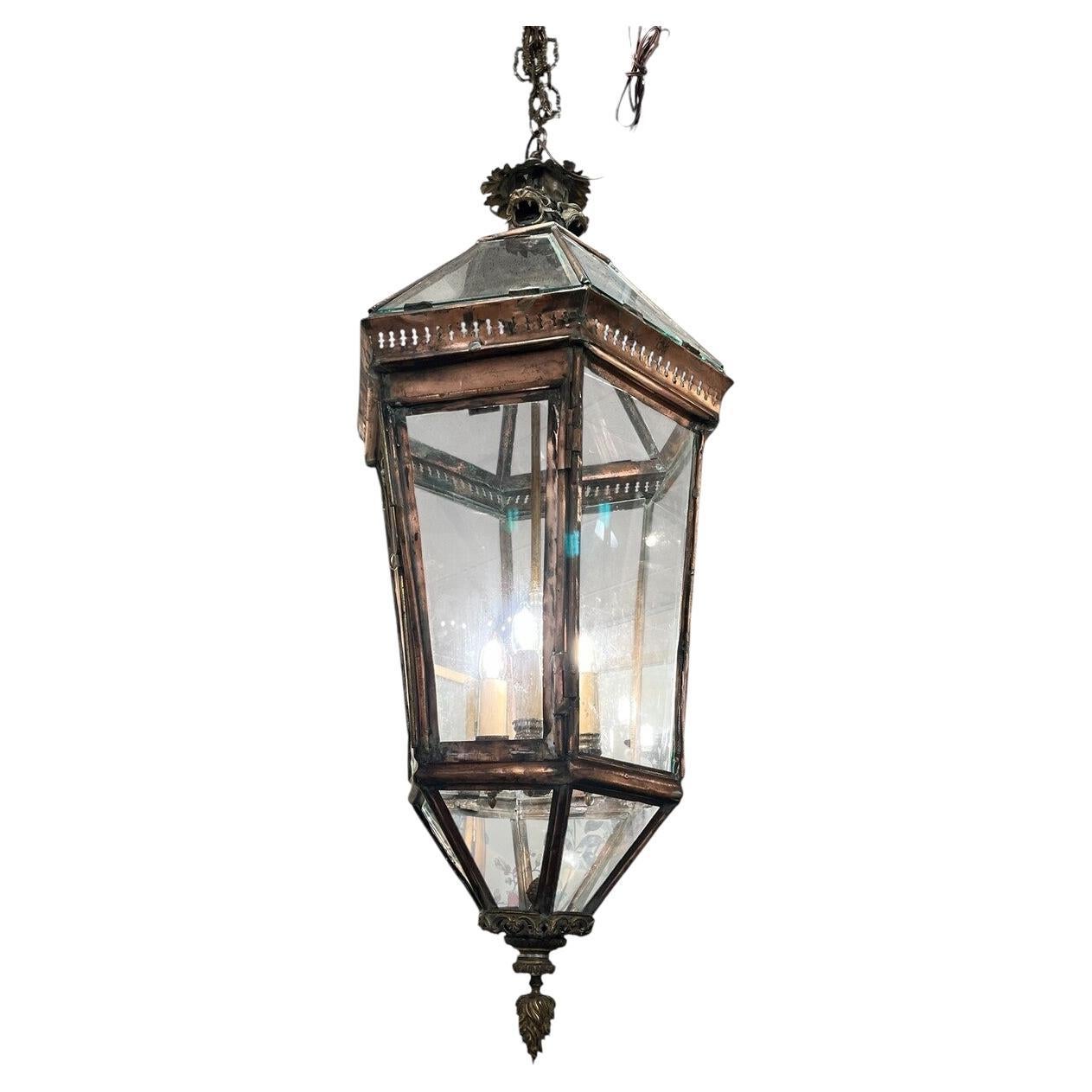 Grand lustre-lanterne français en cuivre et laiton du XIXe siècle