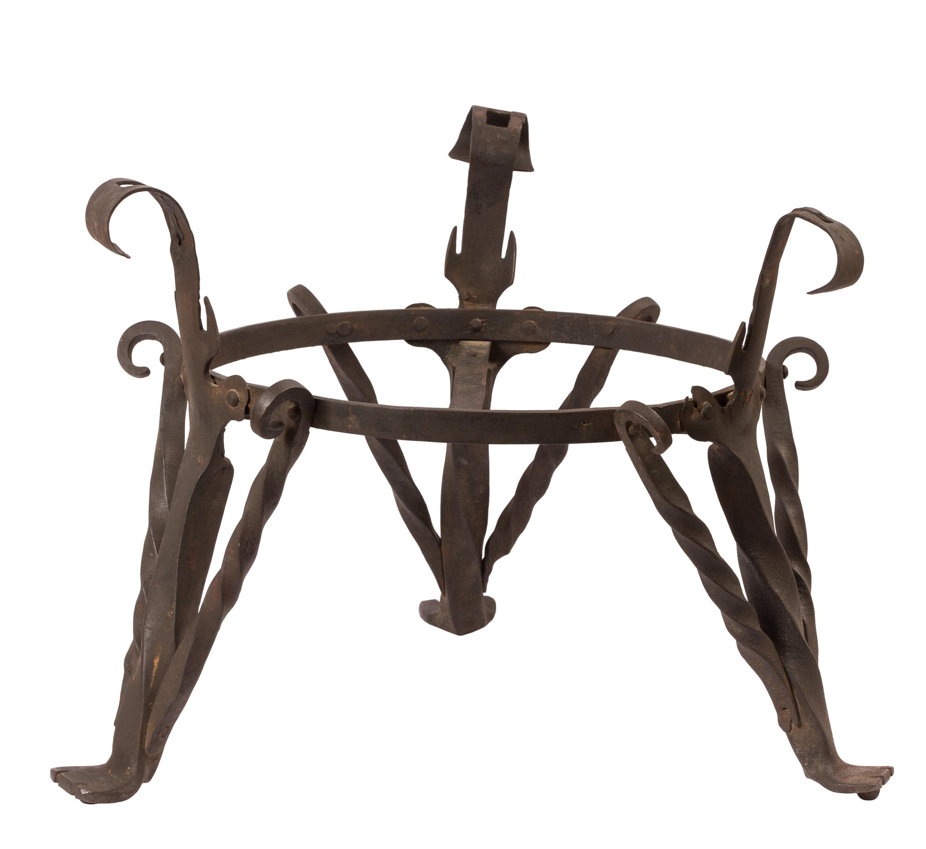 Rustic Large 19th Century Copper Cauldron / Planter on Wrought Iron Tripod Stand For Sale