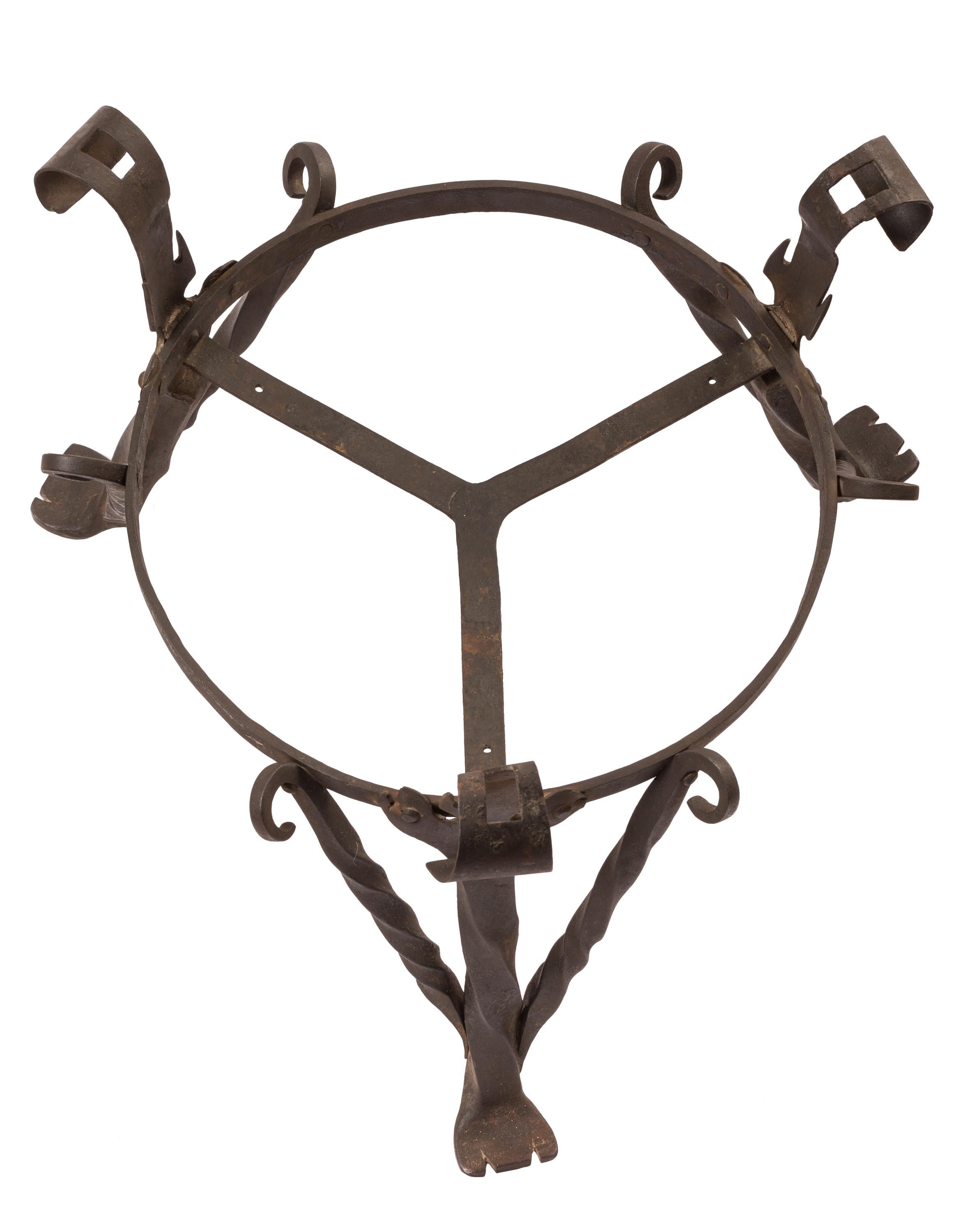 Spanish Large 19th Century Copper Cauldron / Planter on Wrought Iron Tripod Stand For Sale