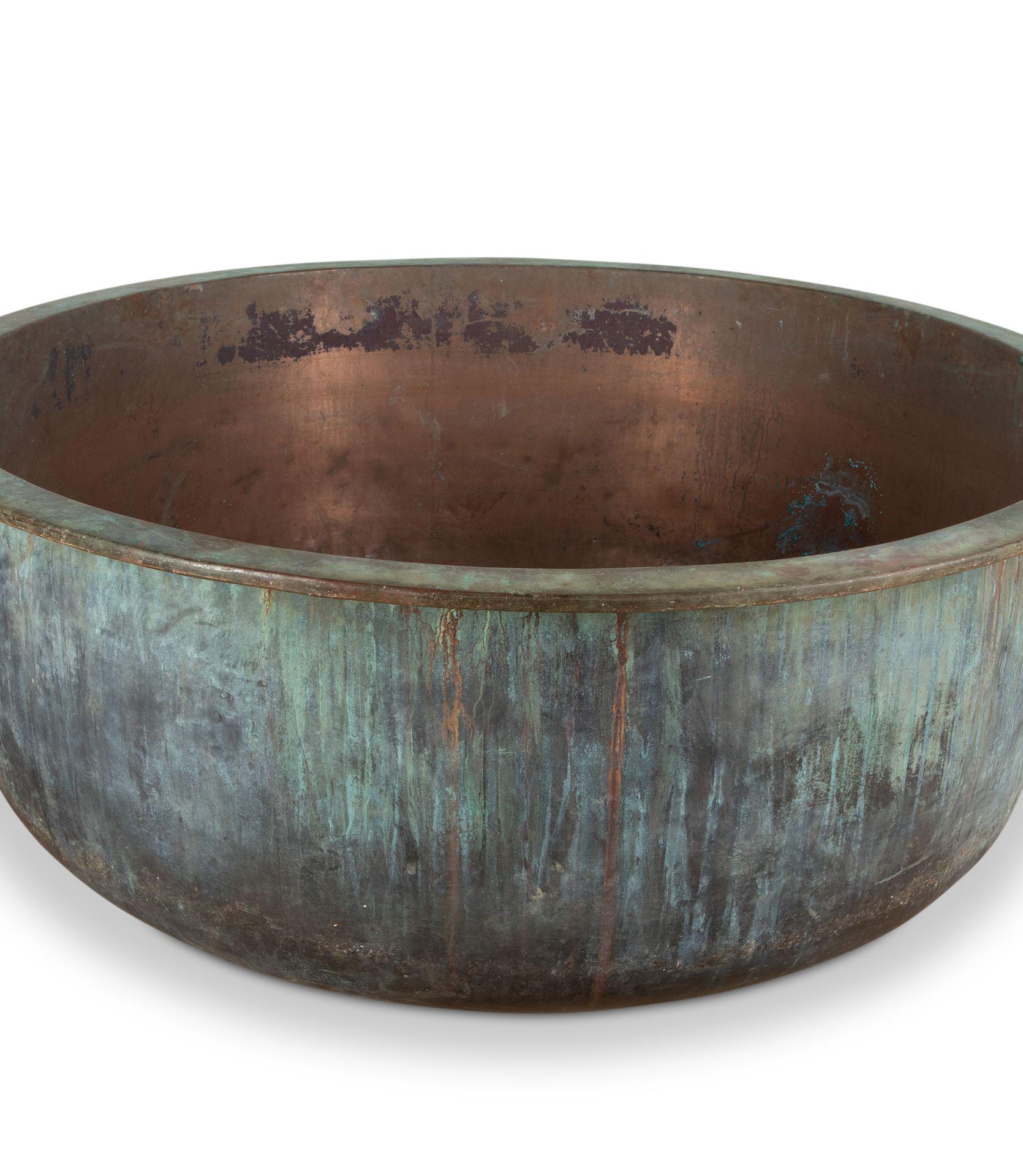 Large 19th Century copper cheese vat. 

A wonderful 19th Century French verdigris copper cheese vat. These large vats make for a very attractive large planter, pond or plunge pool.