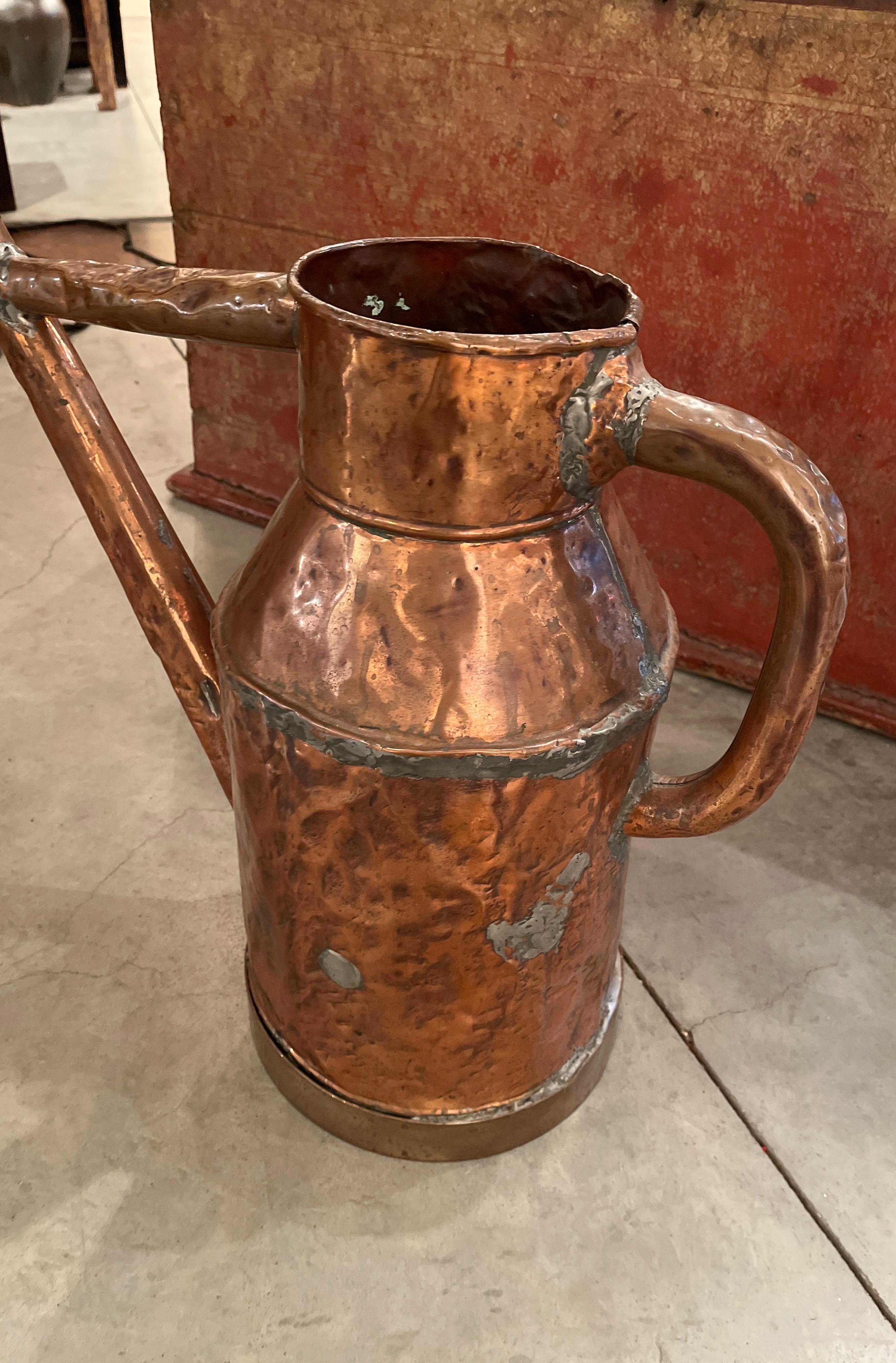 Forged Large 19th Century Copper Oil Pitcher For Sale