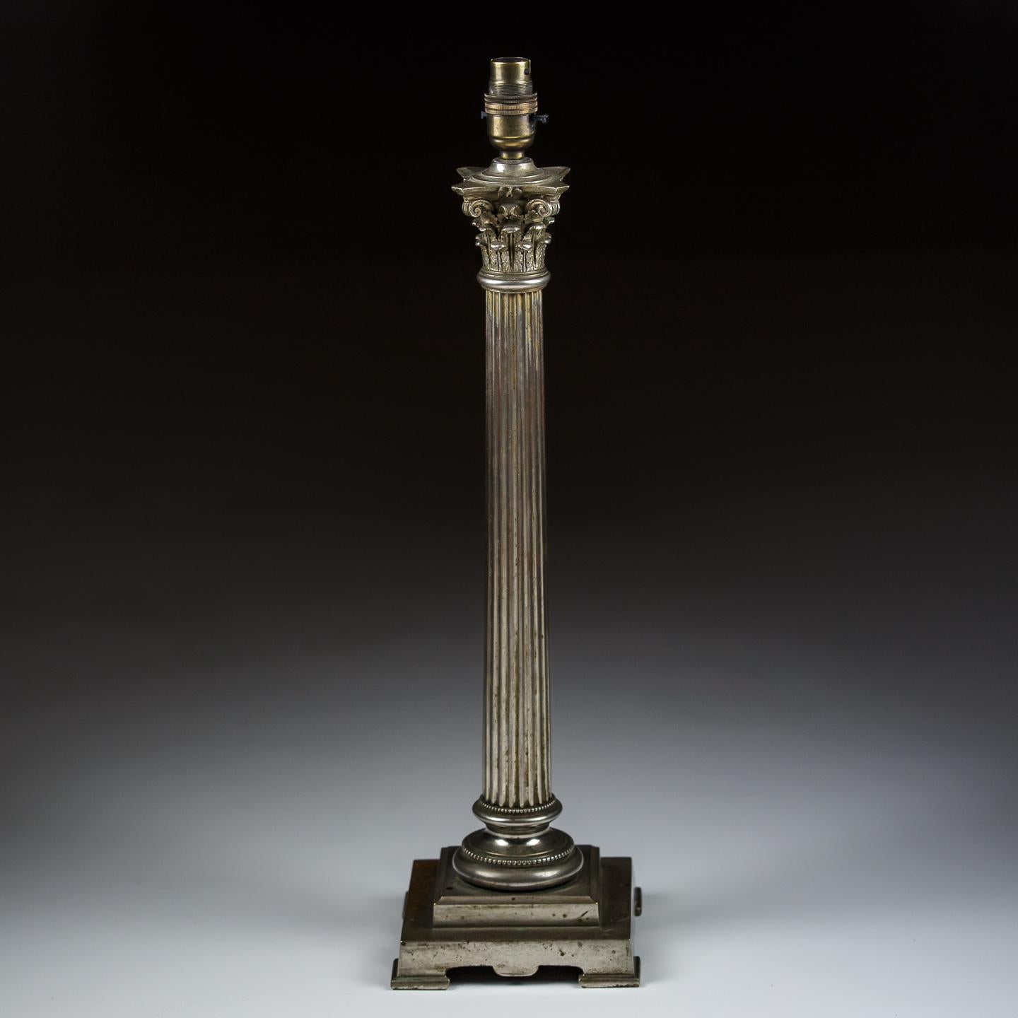 Large 19th Century Corinthian column lamp silver plate. Rewired & PAT tested for UK. USA wiring also possible.

As expected condition, some wear to the silver plate, unpolished.

England, Circa 1890.
