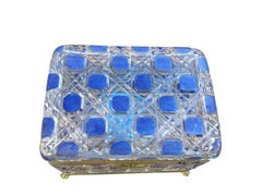 Large 19th Century Crystal Box with Blue Enamel Decoration