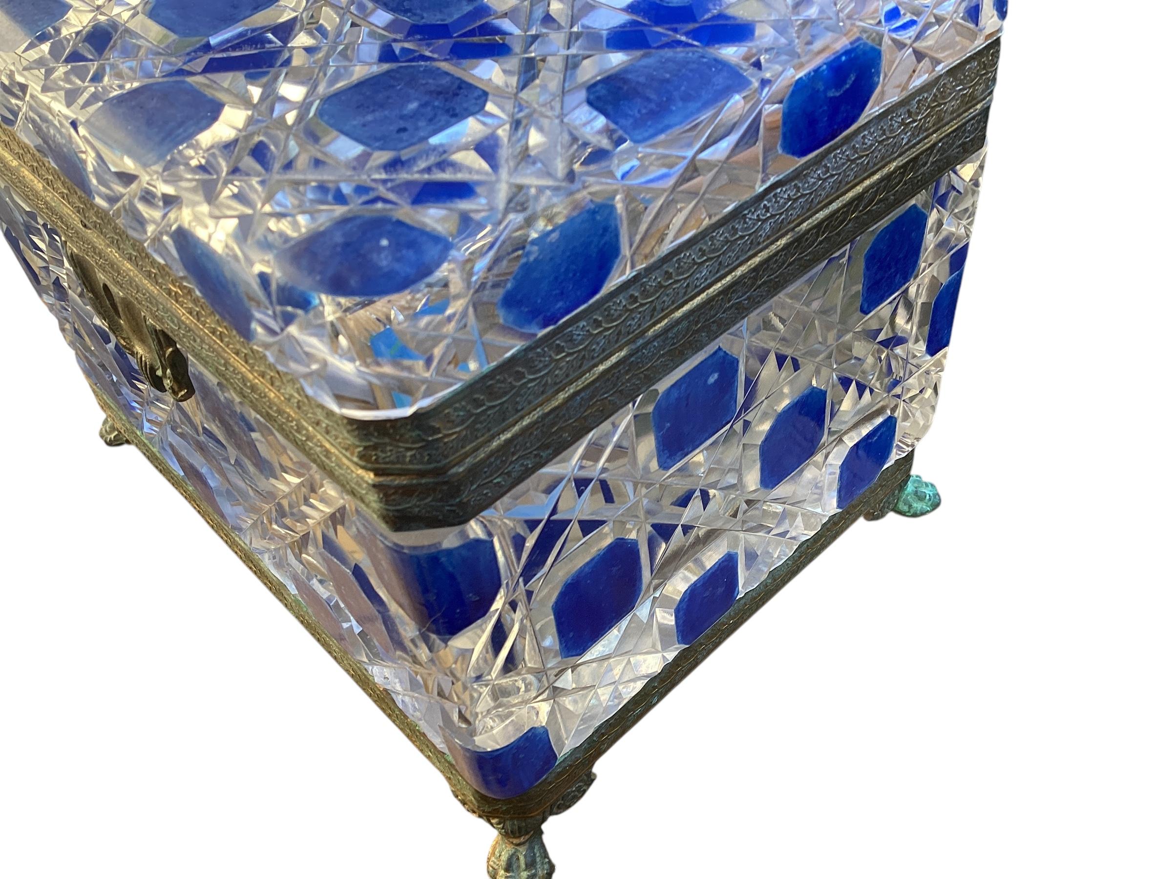 Bronze Large 19th Century Crystal Box with Blue Enamel Decoration For Sale