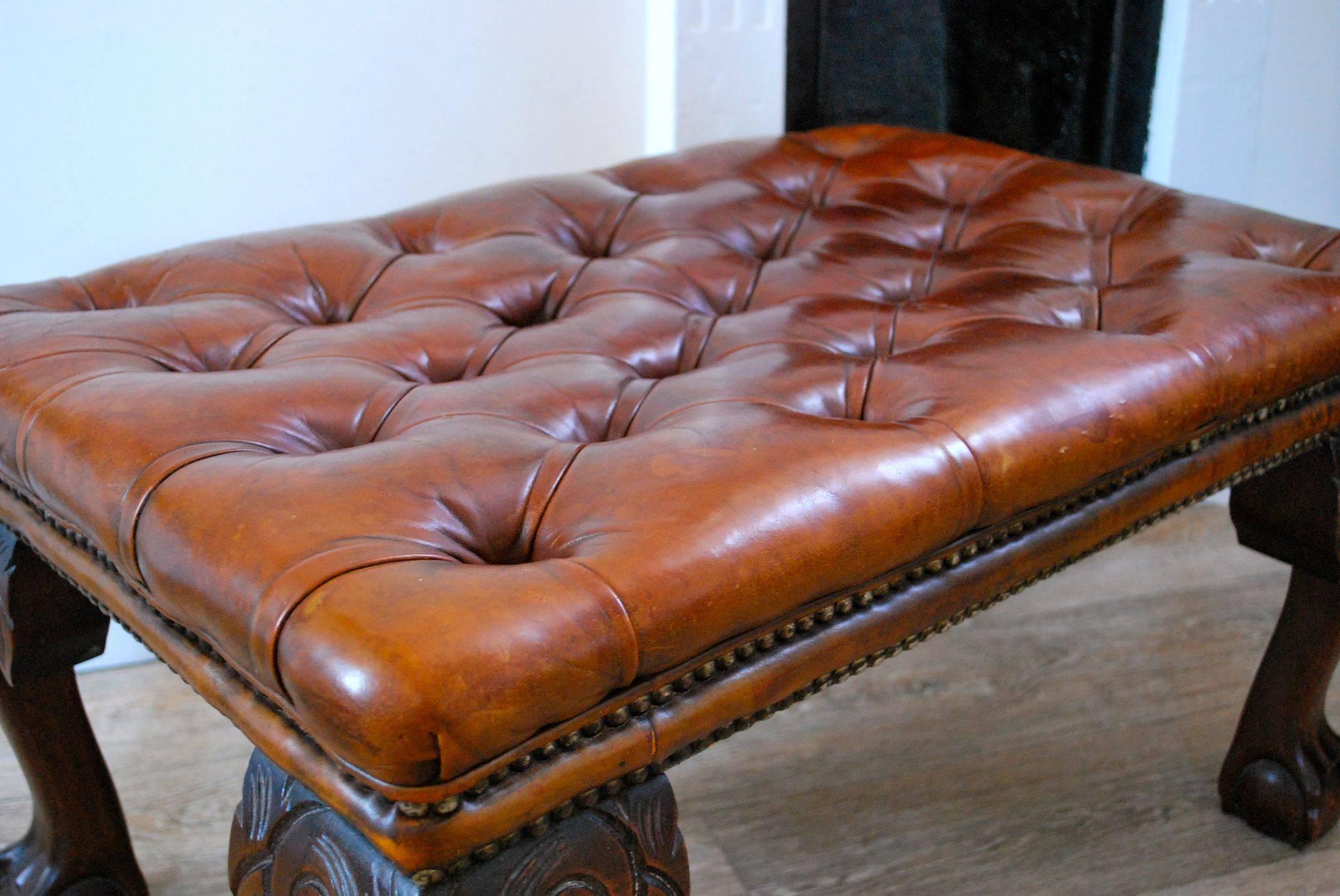Large 19th Century Deep Buttoned Leather Foot Stool For Sale 1