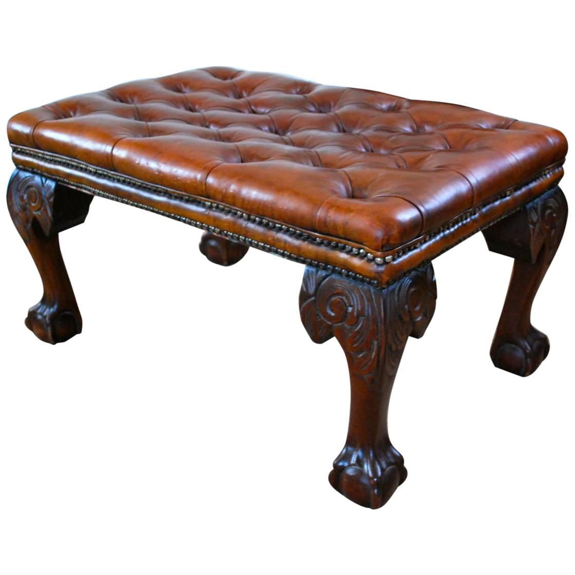 Large 19th Century Deep Buttoned Leather Foot Stool For Sale