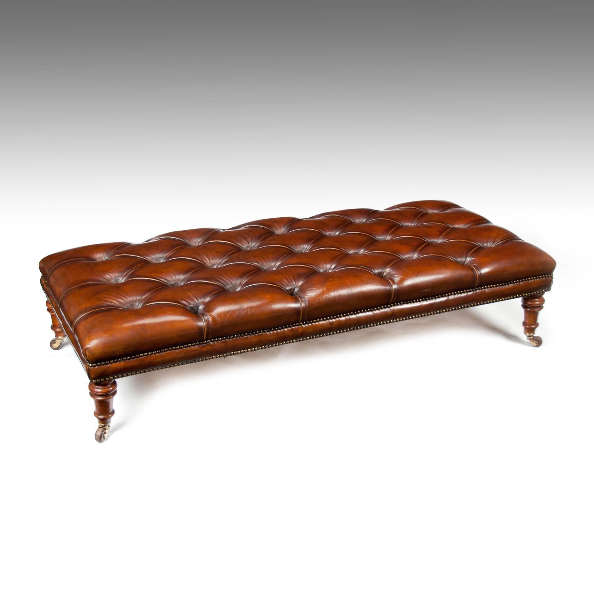 Large 19th Century Deep Buttoned Leather Walnut Stool 5