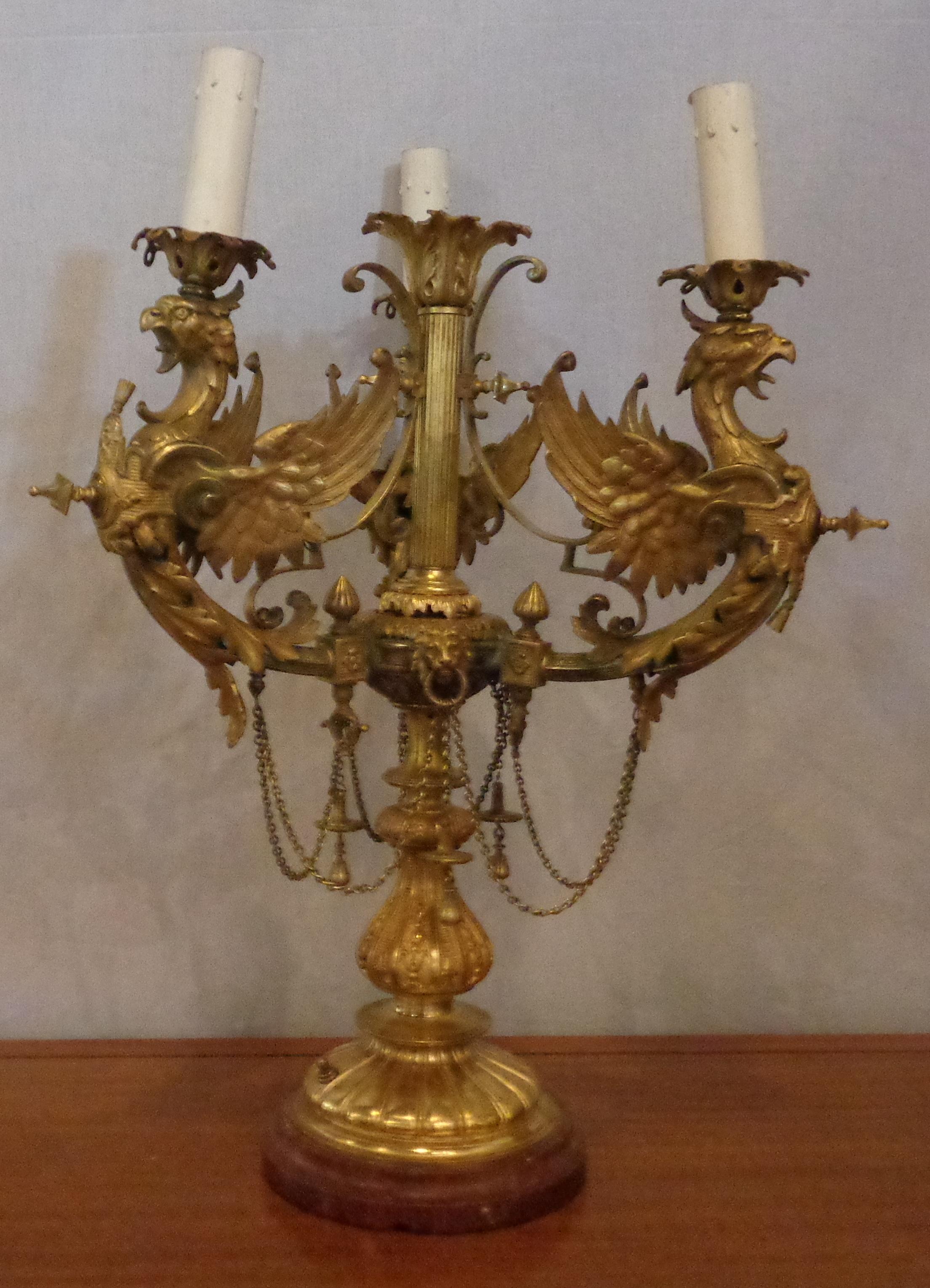 Large 19th Century Doré Bronze Full Bodied Serpent Candelabra Lamp 3