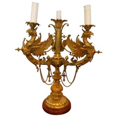 Antique Large 19th Century Doré Bronze Full Bodied Serpent Candelabra Lamp