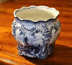 Large 19th Century Dutch Hand-Painted Blue and White Ceramic Delft Cachepot