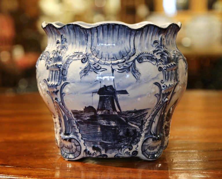 Faience Large 19th Century Dutch Hand-Painted Blue and White Ceramic Delft Cachepot For Sale