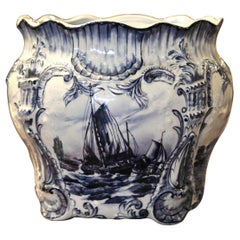 Large 19th Century Dutch Hand-Painted Blue and White Ceramic Delft Cachepot