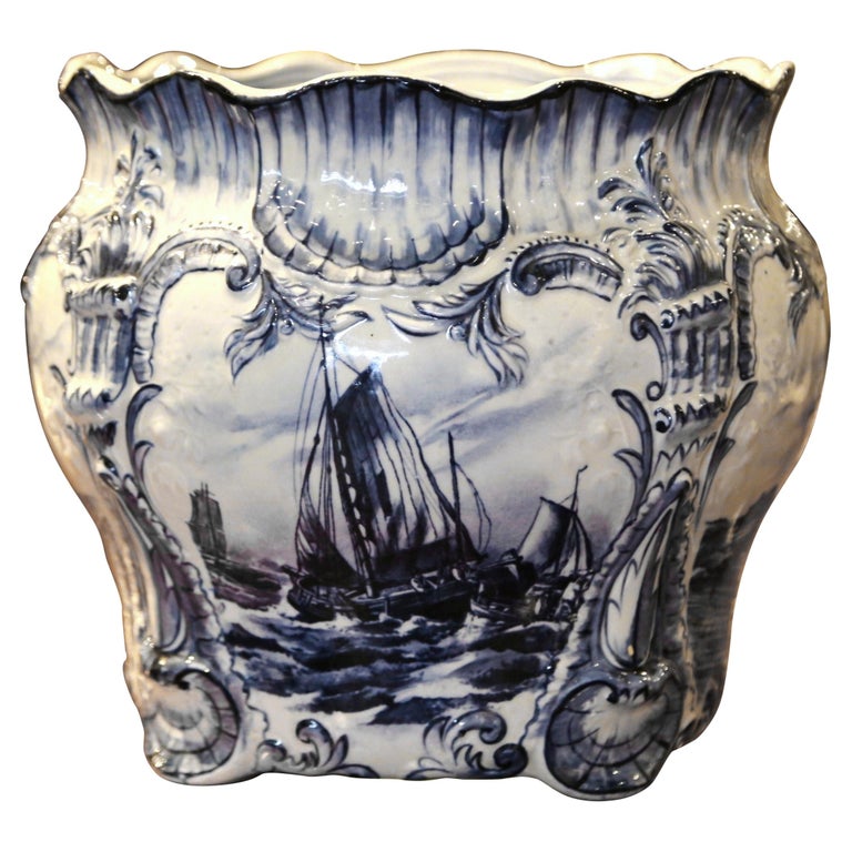 Large 19th Century Dutch Hand-Painted Blue and White Ceramic Delft Cachepot For Sale