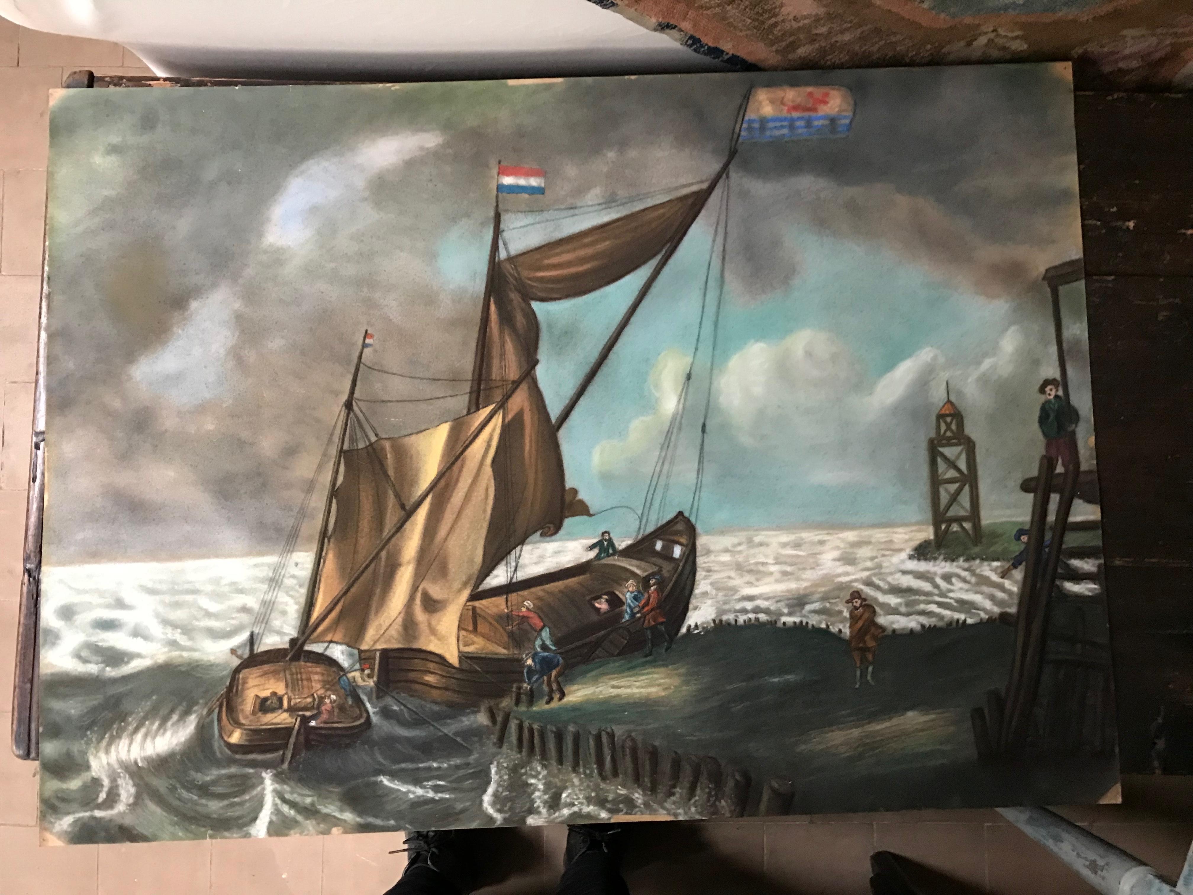 A large Dutch nautical pastel drawing on paper of sailing ships returning to the port of Zeeland. The naive style and original carved wood frame attest to the one of a kind attributes of this decorative Napoleonic style drawing.
Unusual original