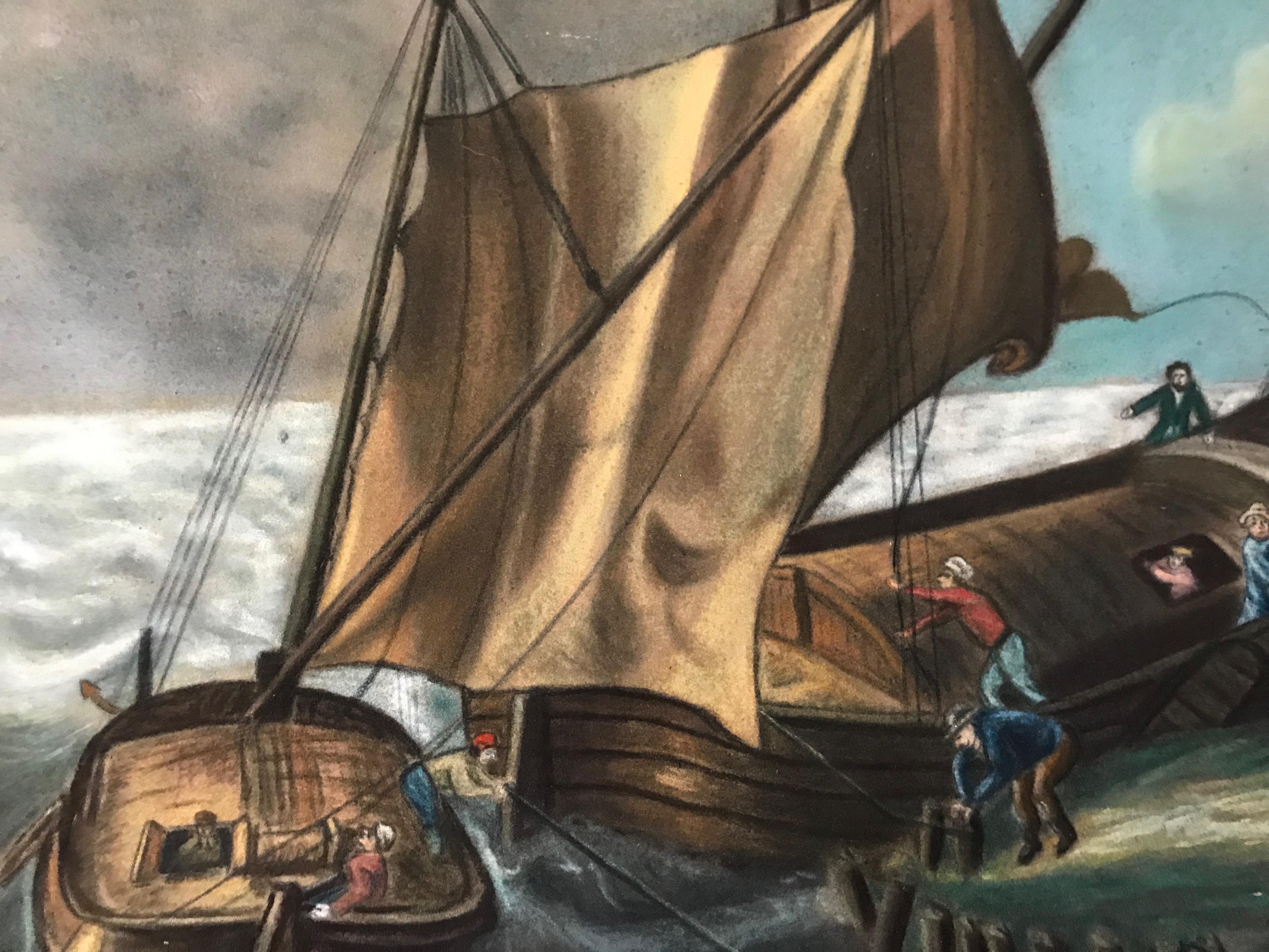 Large 19th Century Dutch Nautical Napoleonic Pastel Drawing on Paper  In Good Condition For Sale In Antwerp, BE