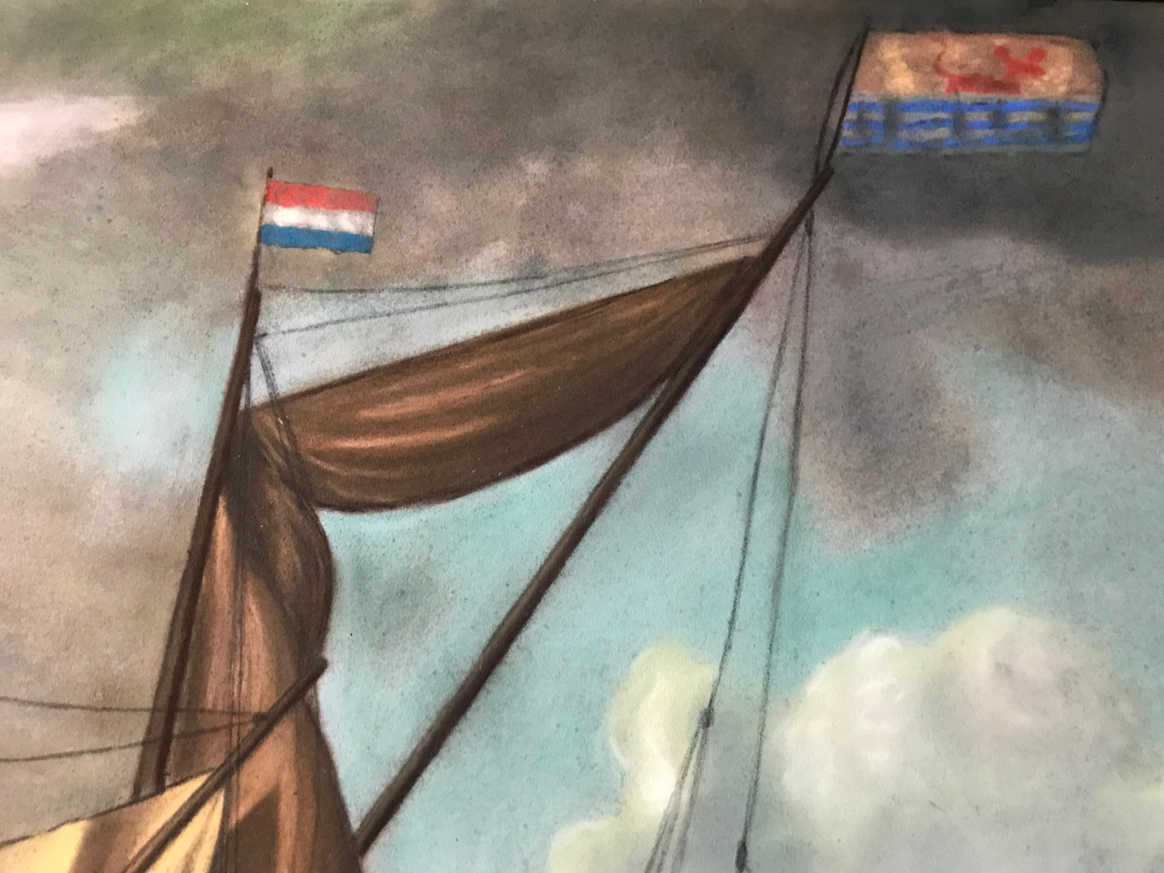 Large 19th Century Dutch Nautical Napoleonic Pastel Drawing on Paper  For Sale 1