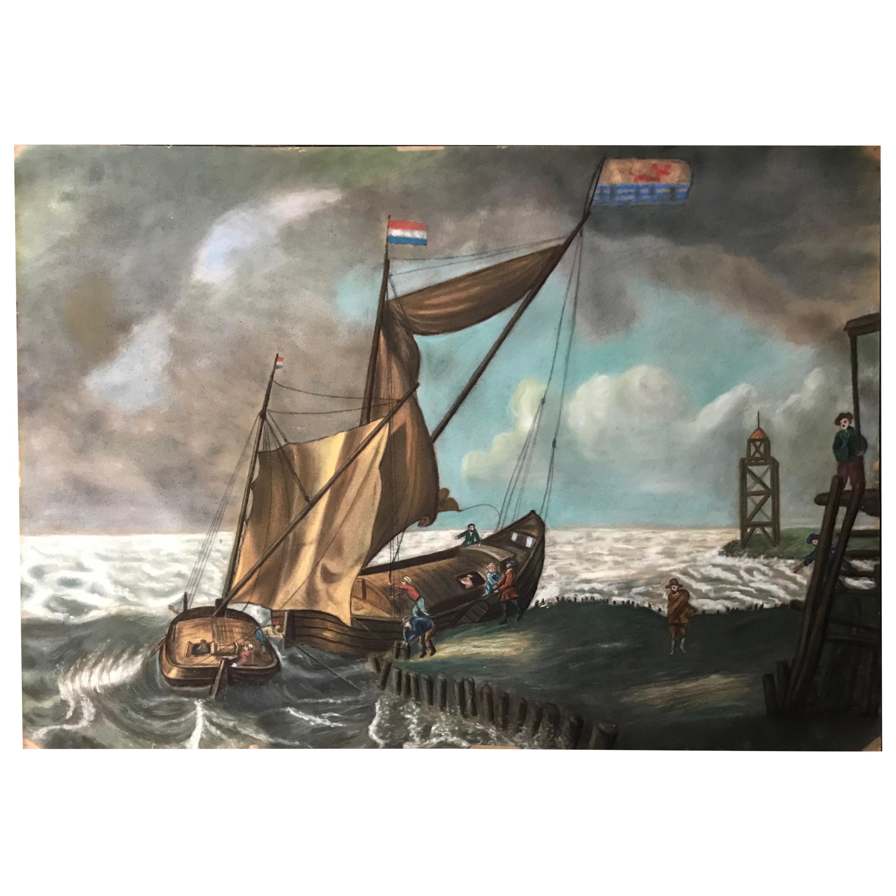 Large 19th Century Dutch Nautical Napoleonic Pastel Drawing on Paper  For Sale