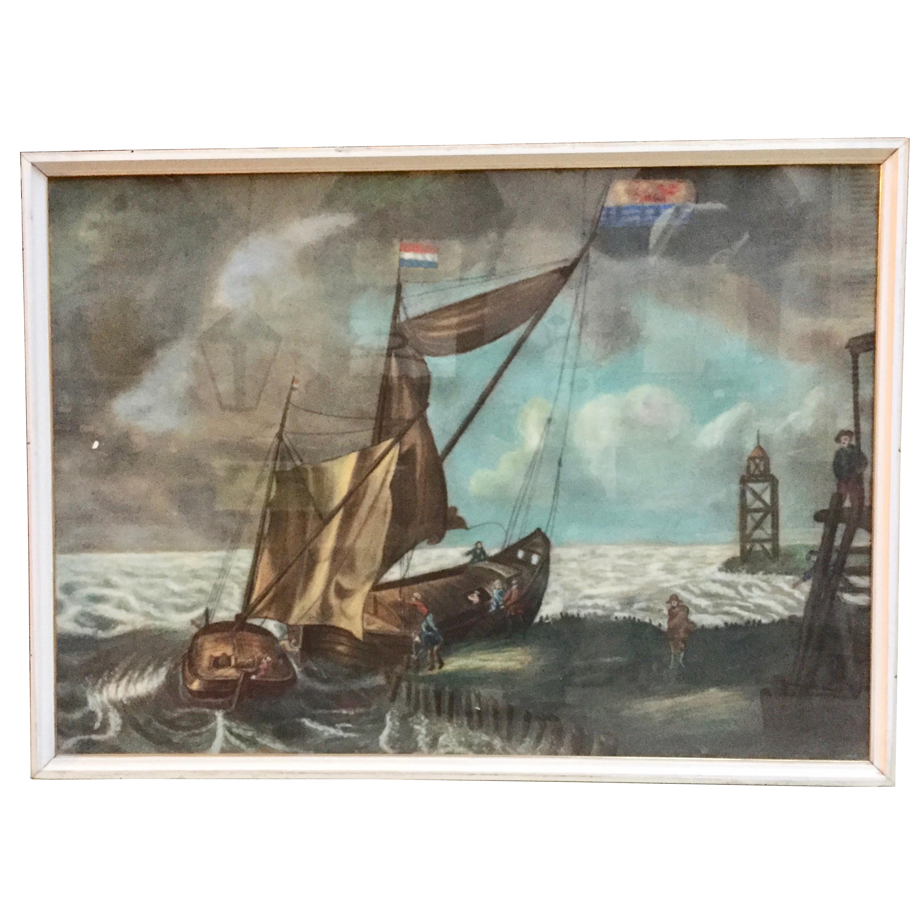 Large 19th Century Dutch Nautical Napoleonic Pastel Drawing on Paper  For Sale