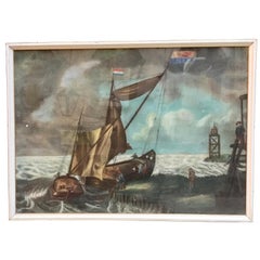 Large 19th Century Dutch Nautical Napoleonic Pastel Drawing on Paper 