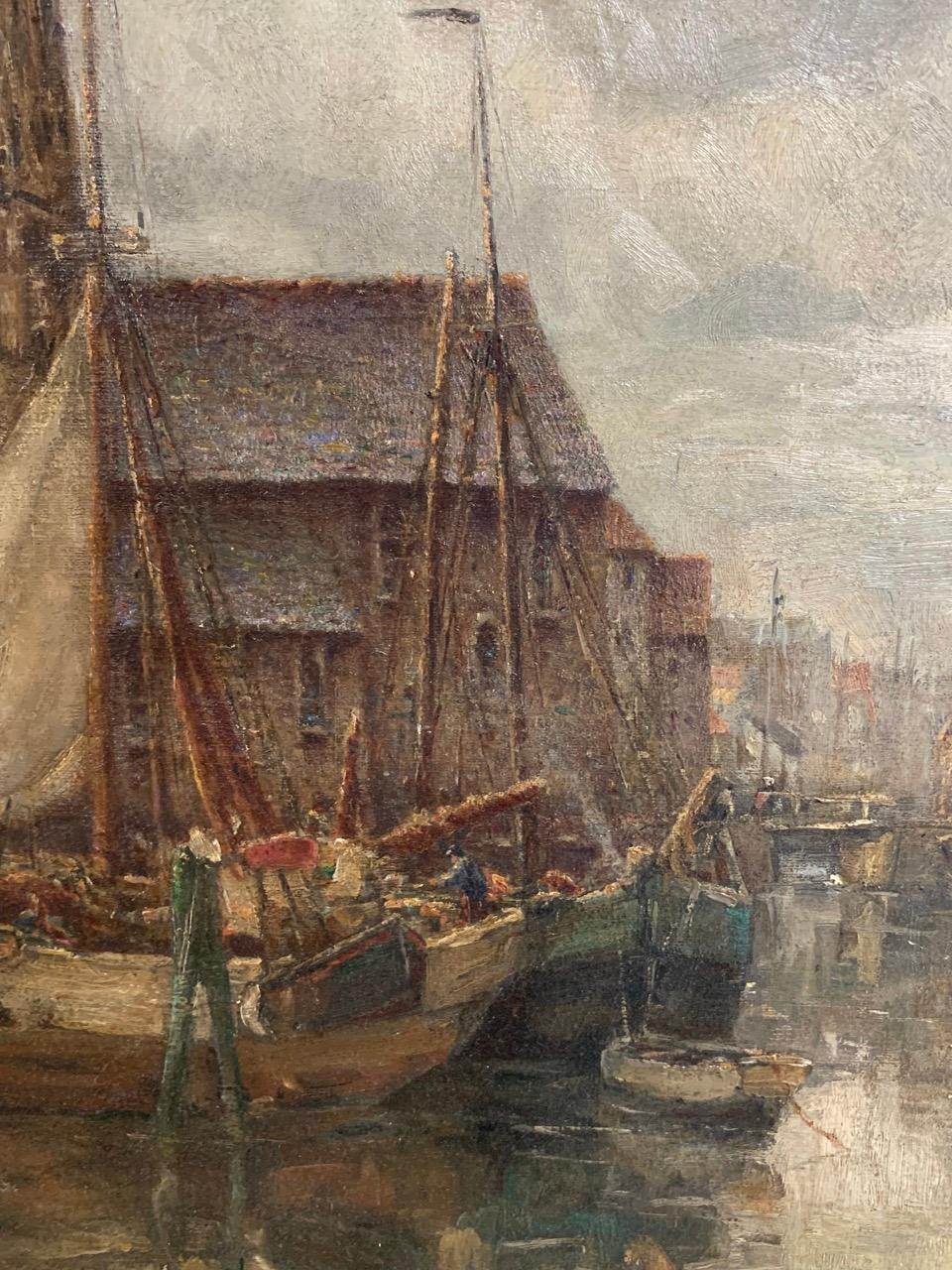Large 19th Century Dutch Oil Painting of Boats 1