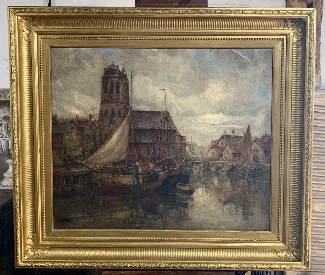 Large 19th Century Dutch Oil Painting of Boats 2