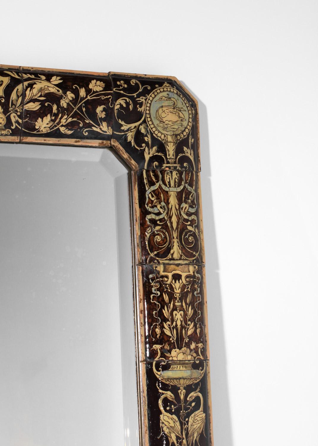 Fait main Grand miroir en faïence du 19ème siècle, pièce unique de céramique française en vente