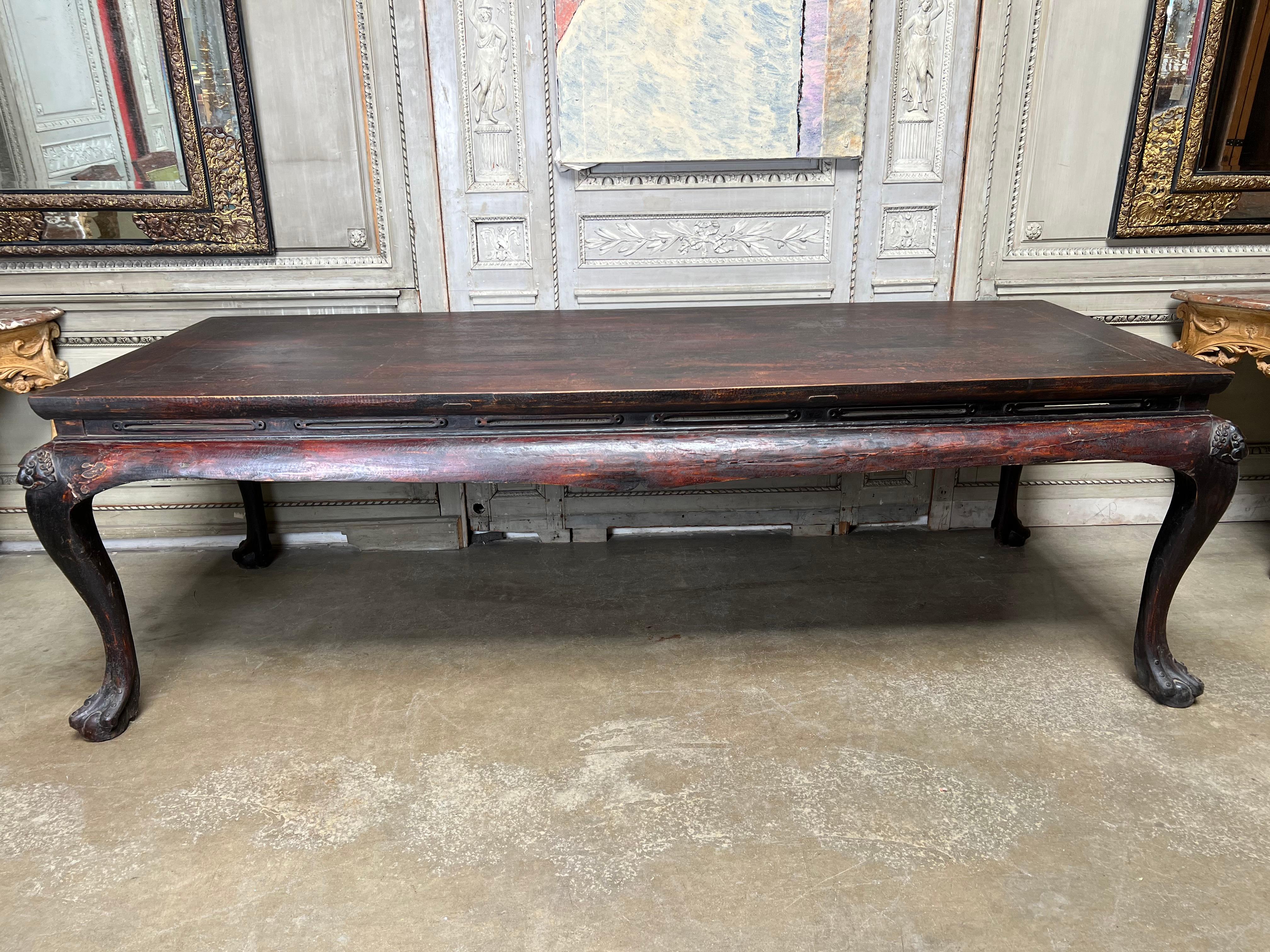 Chinoiserie Large 19th Century Elmwood Table with an Old Lacquer Finish For Sale