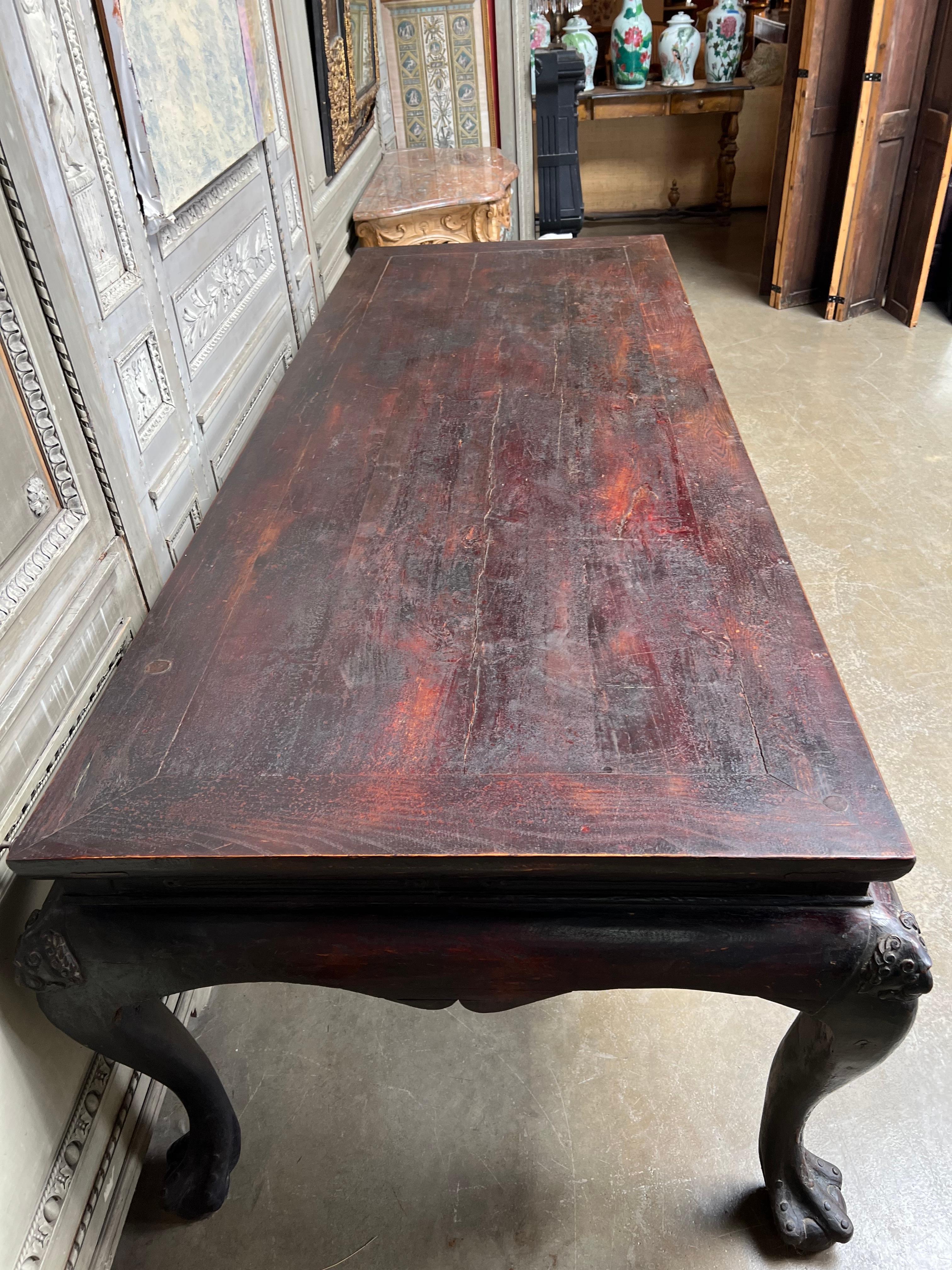 Hand-Carved Large 19th Century Elmwood Table with an Old Lacquer Finish For Sale