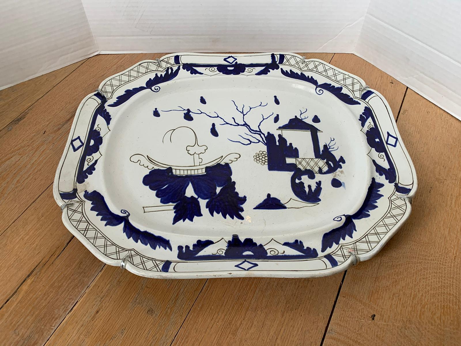 Large 19th Century English Blue and White Porcelain Charger, Unmarked For Sale 6
