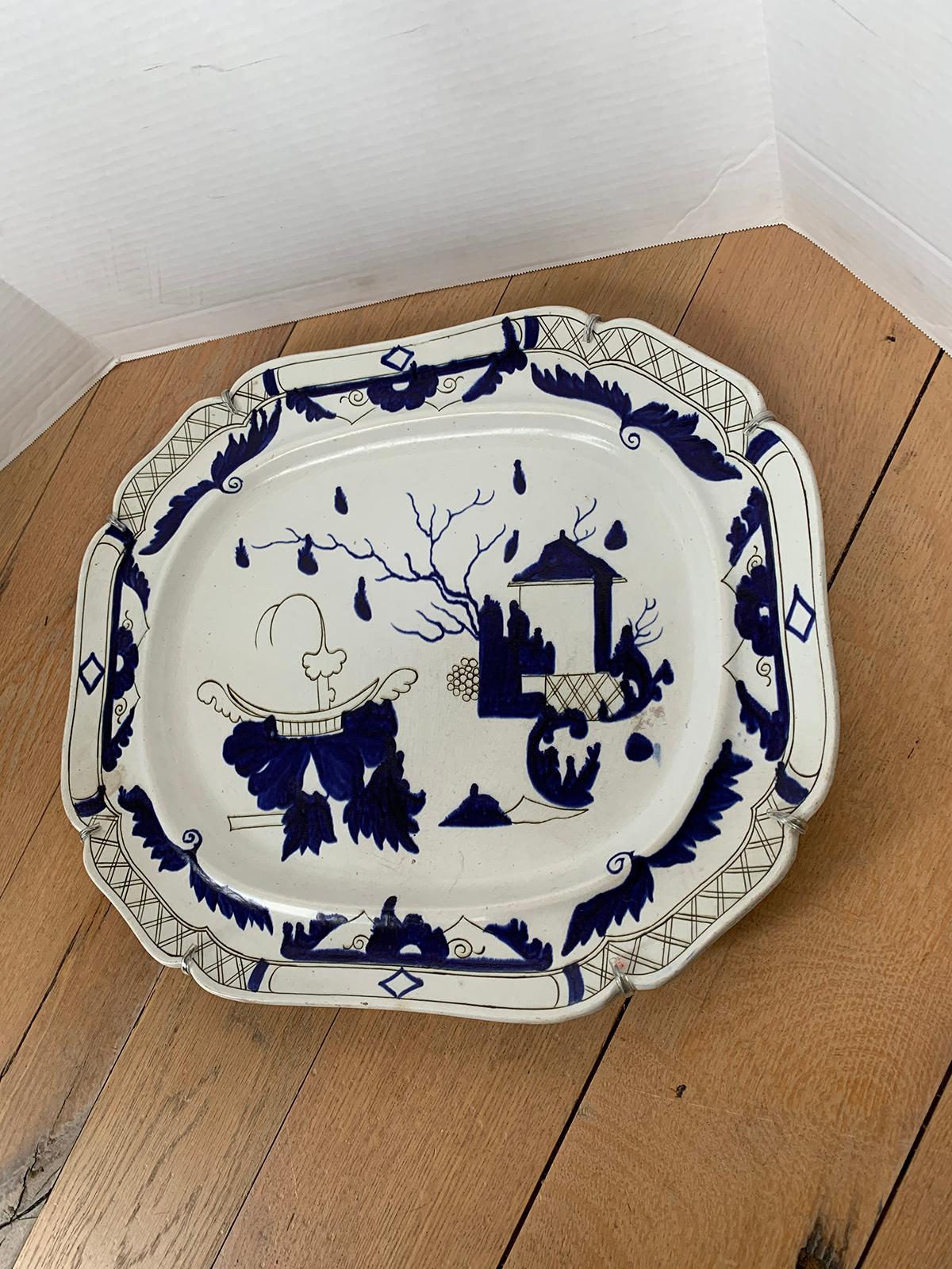 Large 19th Century English Blue and White Porcelain Charger, Unmarked For Sale 8