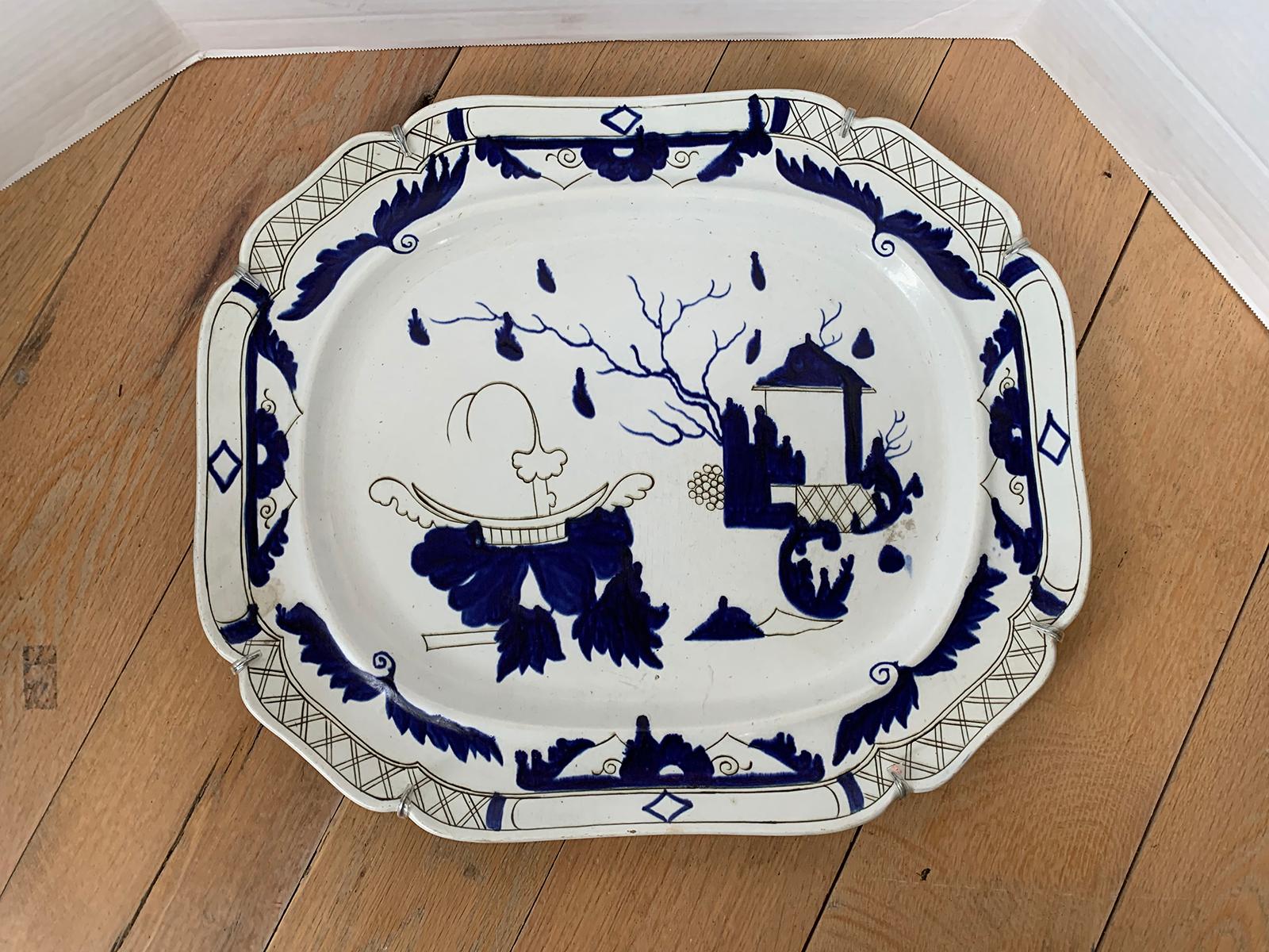 Large 19th century English blue and white porcelain charger / platter, unmarked