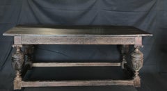 Large 19th Century English Carved Oak Refectory Dining or Library Table