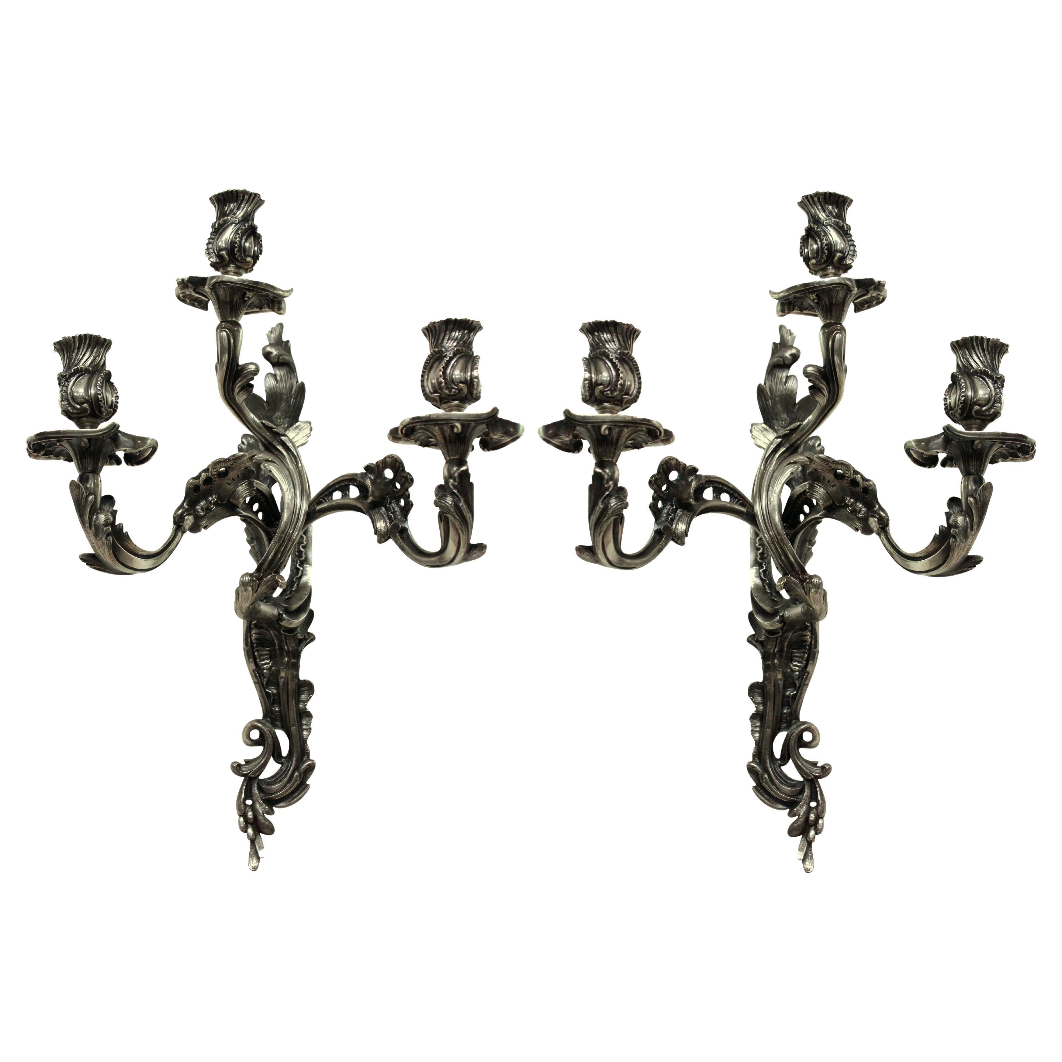 Pair Of Silver Rococo Wall Sconces For Sale